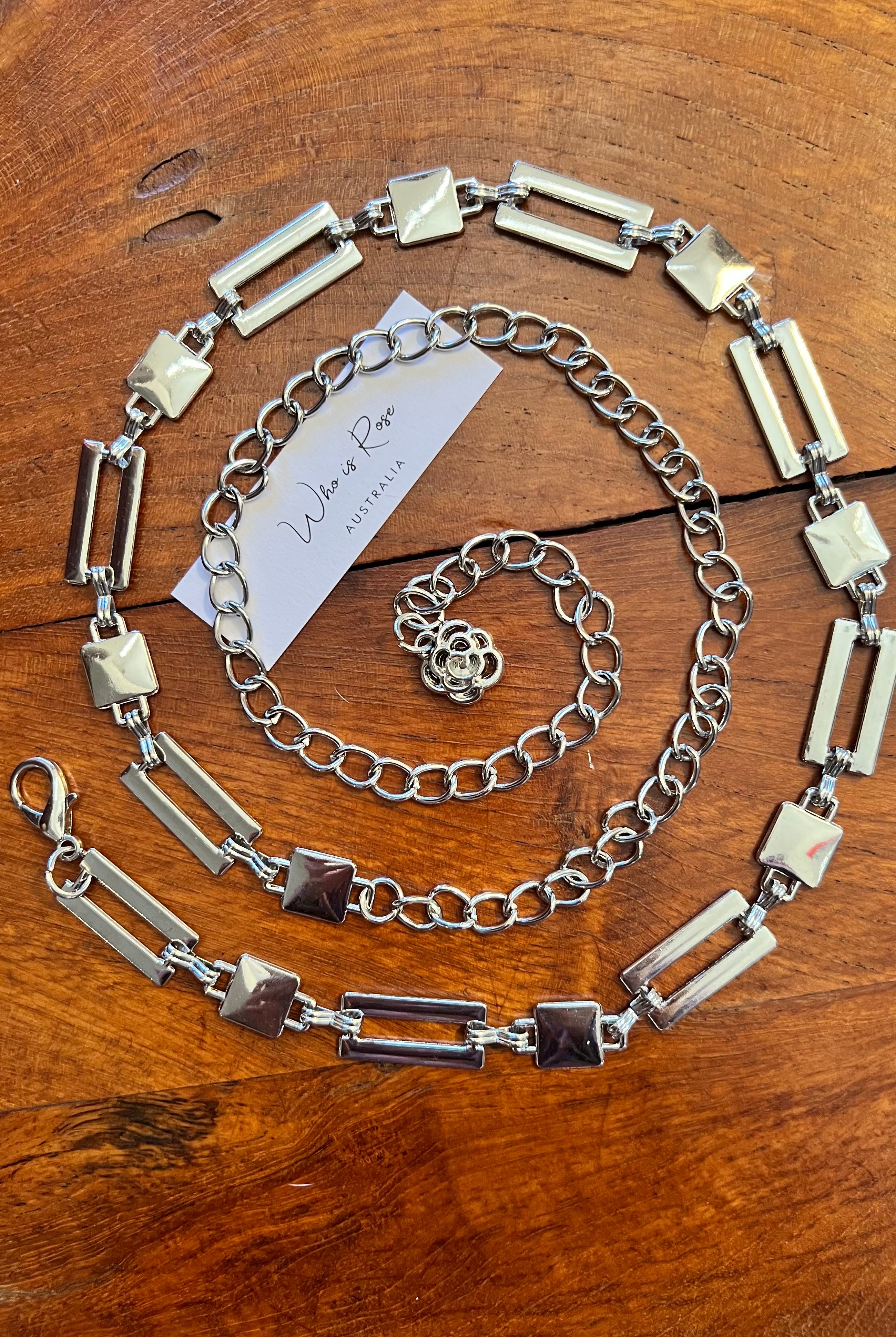 Silver geometric link chain belt with rose charm - boho luxe wist accessory from Who is Rose Australia.