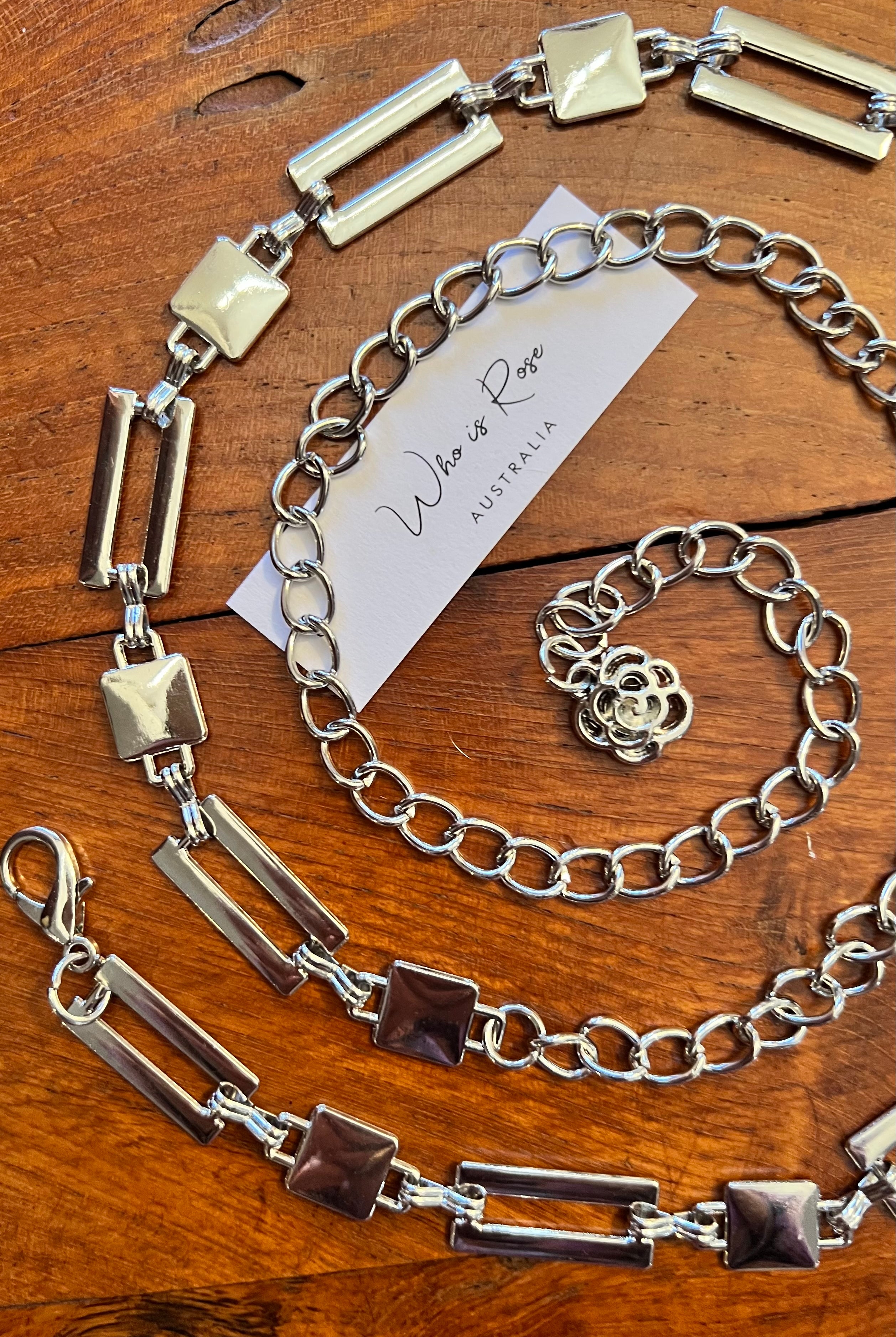 Silver geometric link chain belt with rose charm - boho luxe wist accessory from Who is Rose Australia.