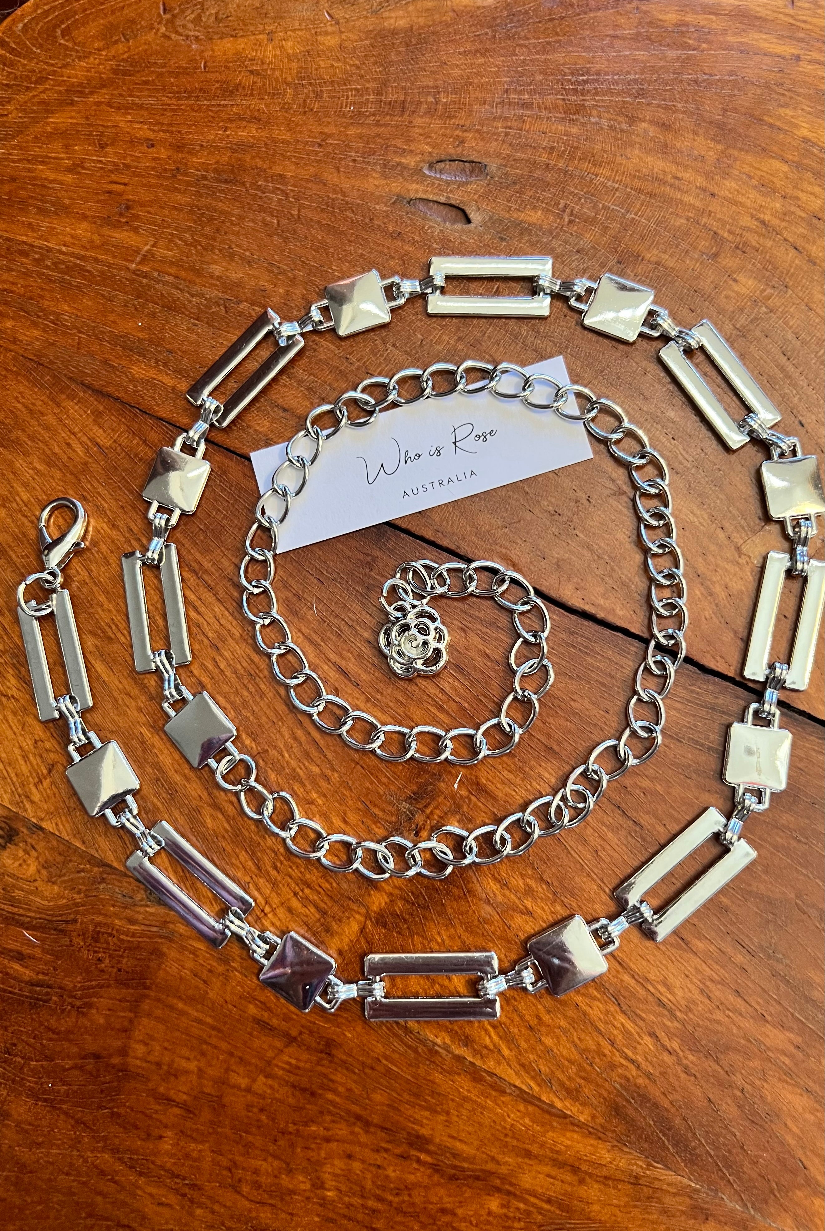 Silver geometric link chain belt with rose charm - boho luxe wist accessory from Who is Rose Australia.