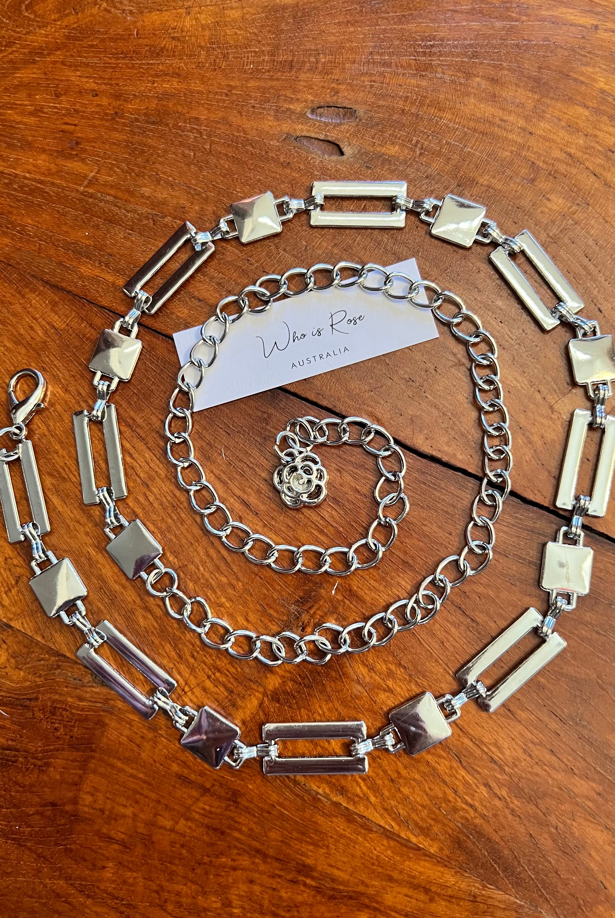 Silver geometric link chain belt with rose charm - boho luxe wist accessory from Who is Rose Australia.