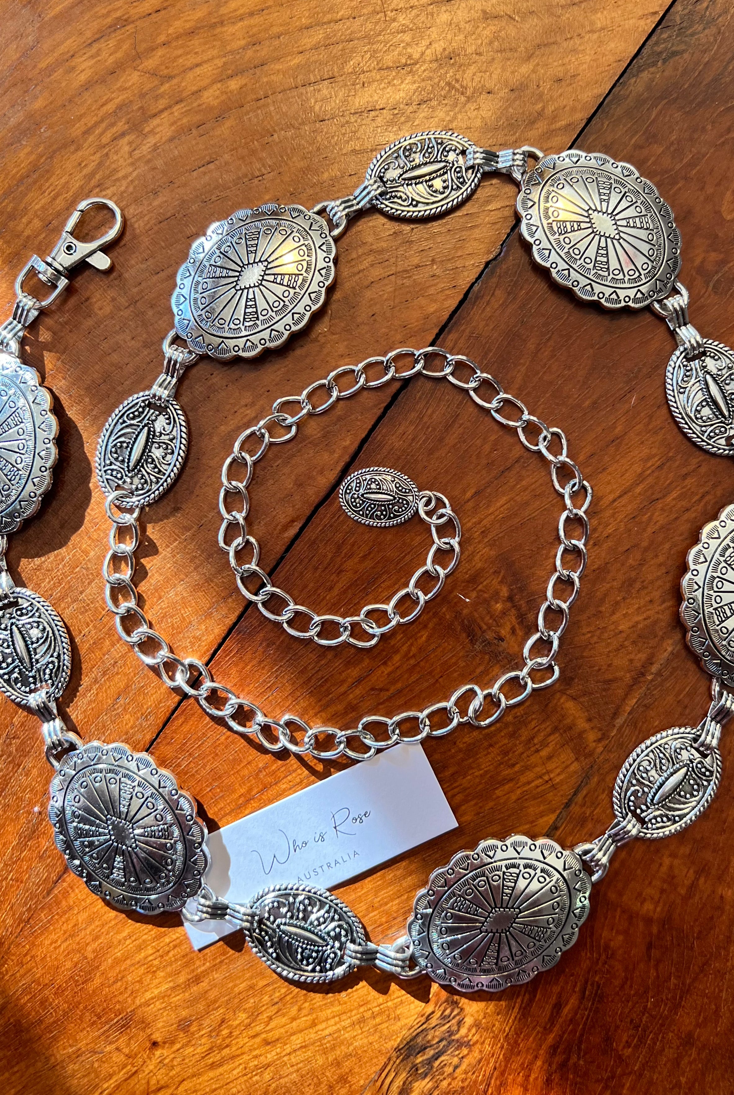 Silver finish concho chain belt with engraved oval medallion and extender - boho festival waist belt Australia.