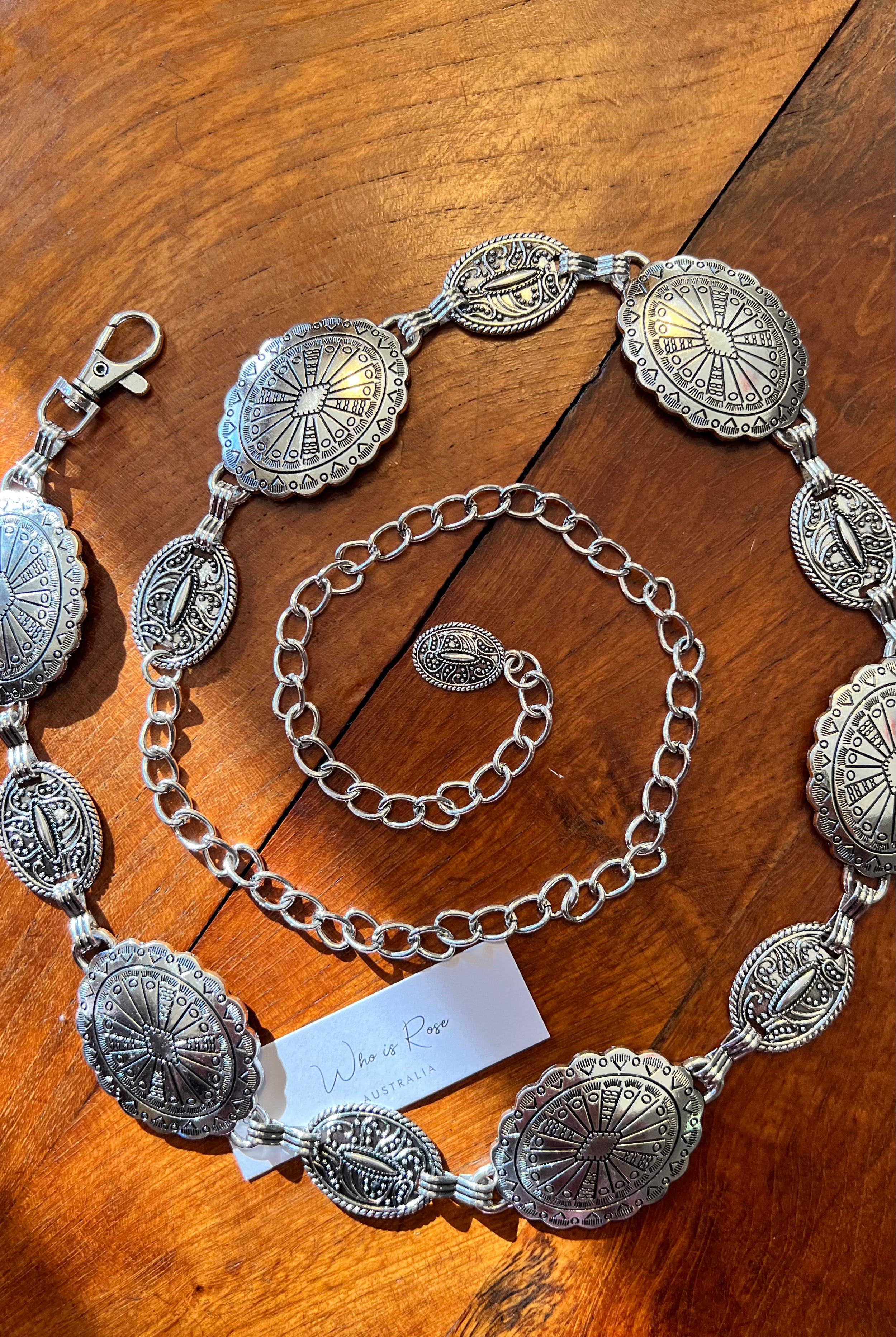 Silver finish concho chain belt with engraved oval medallion and extender - boho festival waist belt Australia.