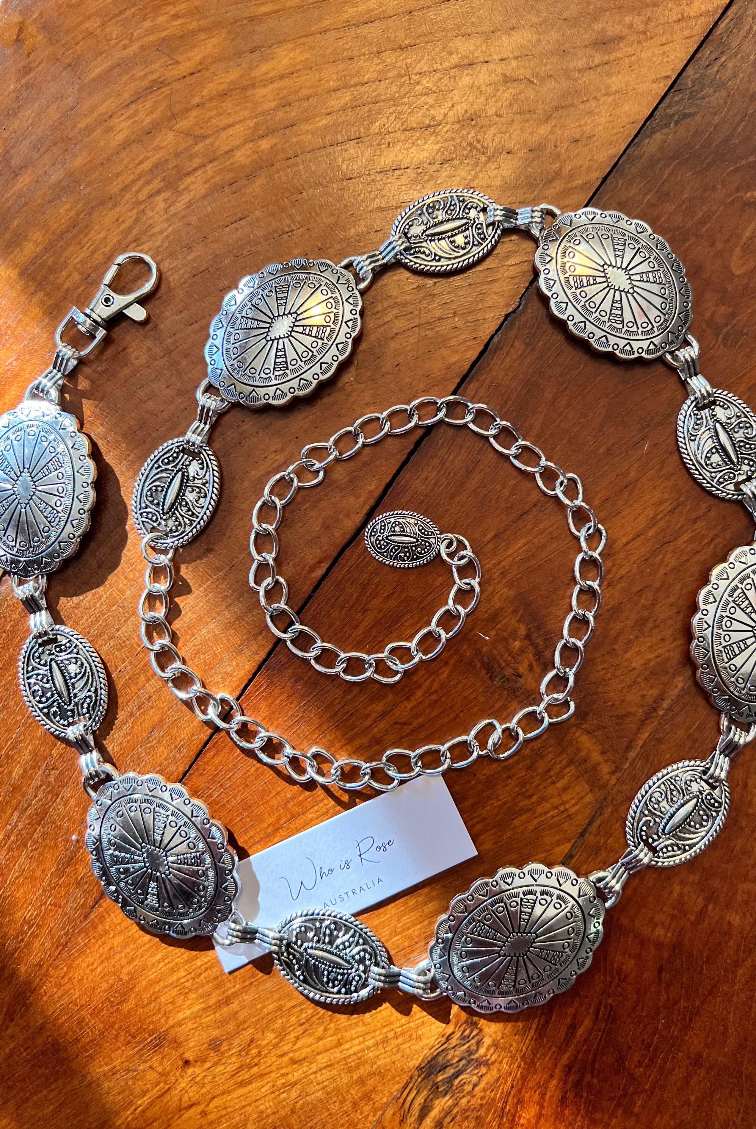 Silver finish concho chain belt with engraved oval medallion and extender - boho festival waist belt Australia.