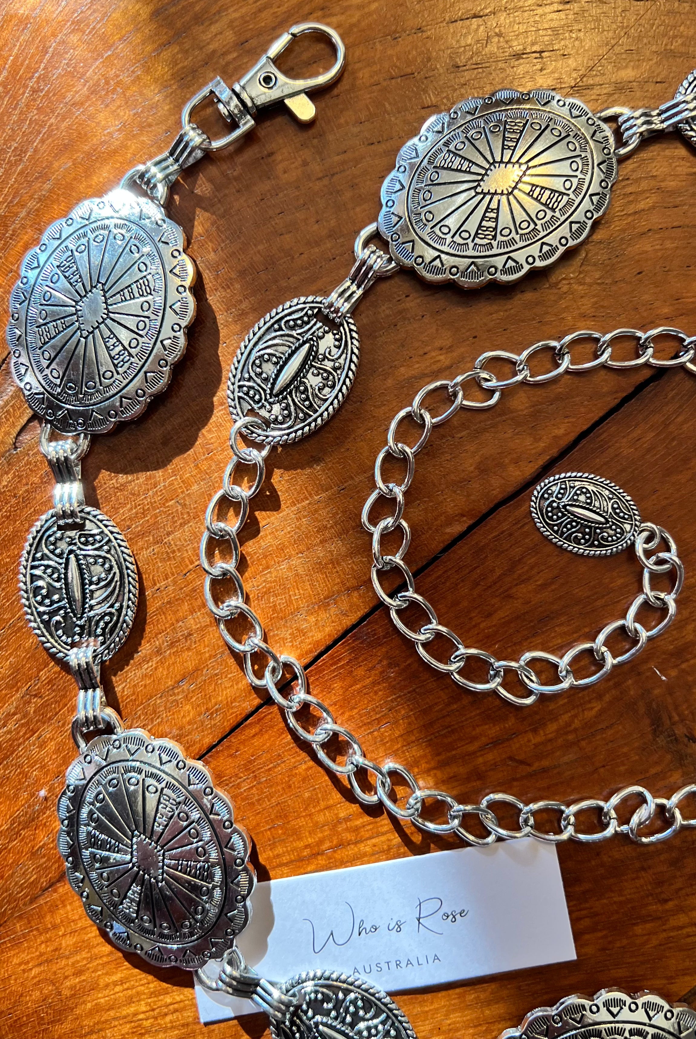 Silver finish concho chain belt with engraved oval medallion and extender - boho festival waist belt Australia.