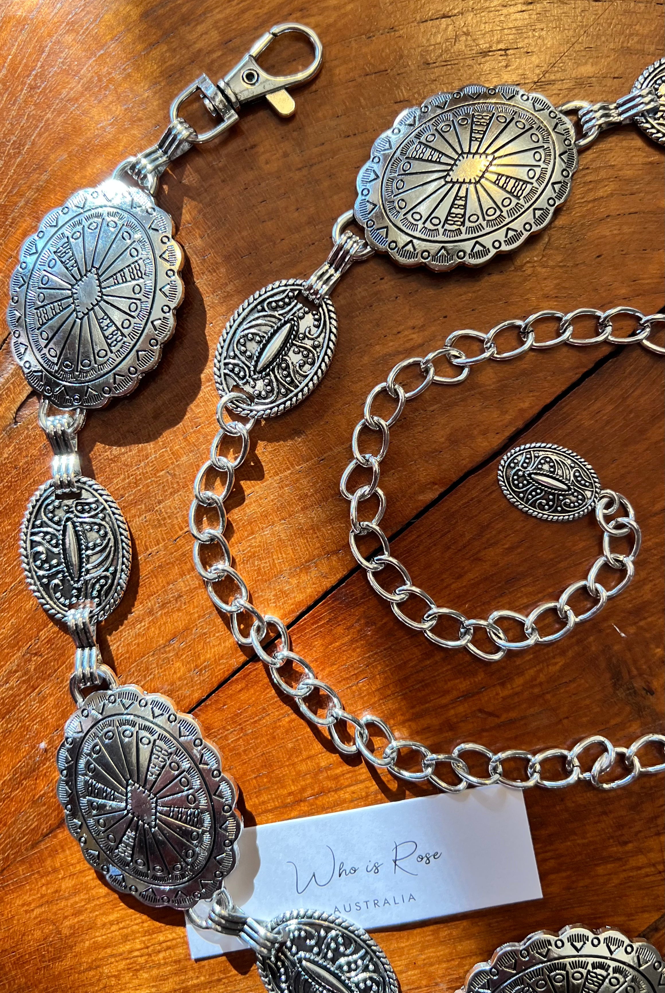 Silver finish concho chain belt with engraved oval medallion and extender - boho festival waist belt Australia.