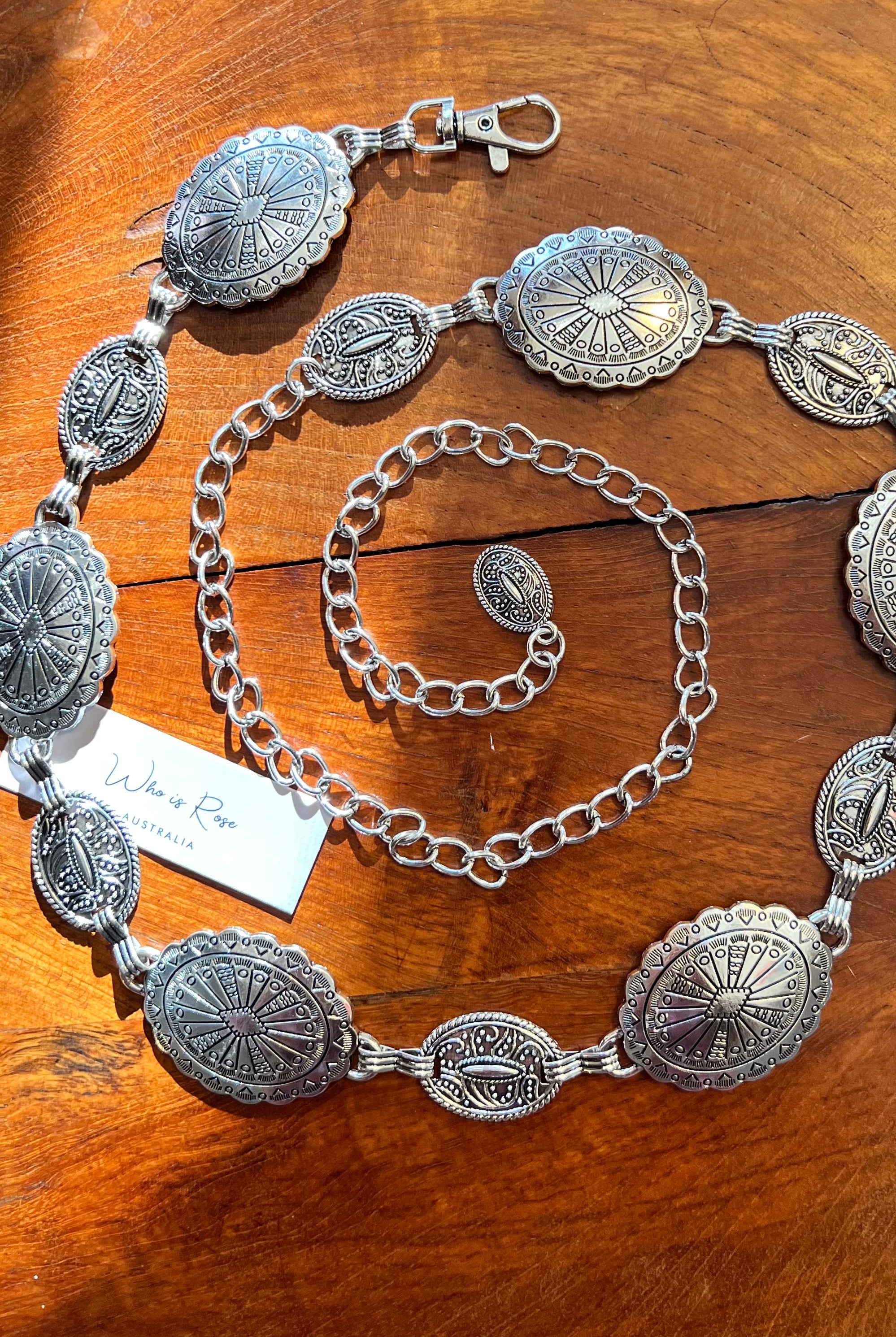 Silver finish concho chain belt with engraved oval medallion and extender - boho festival waist belt Australia.