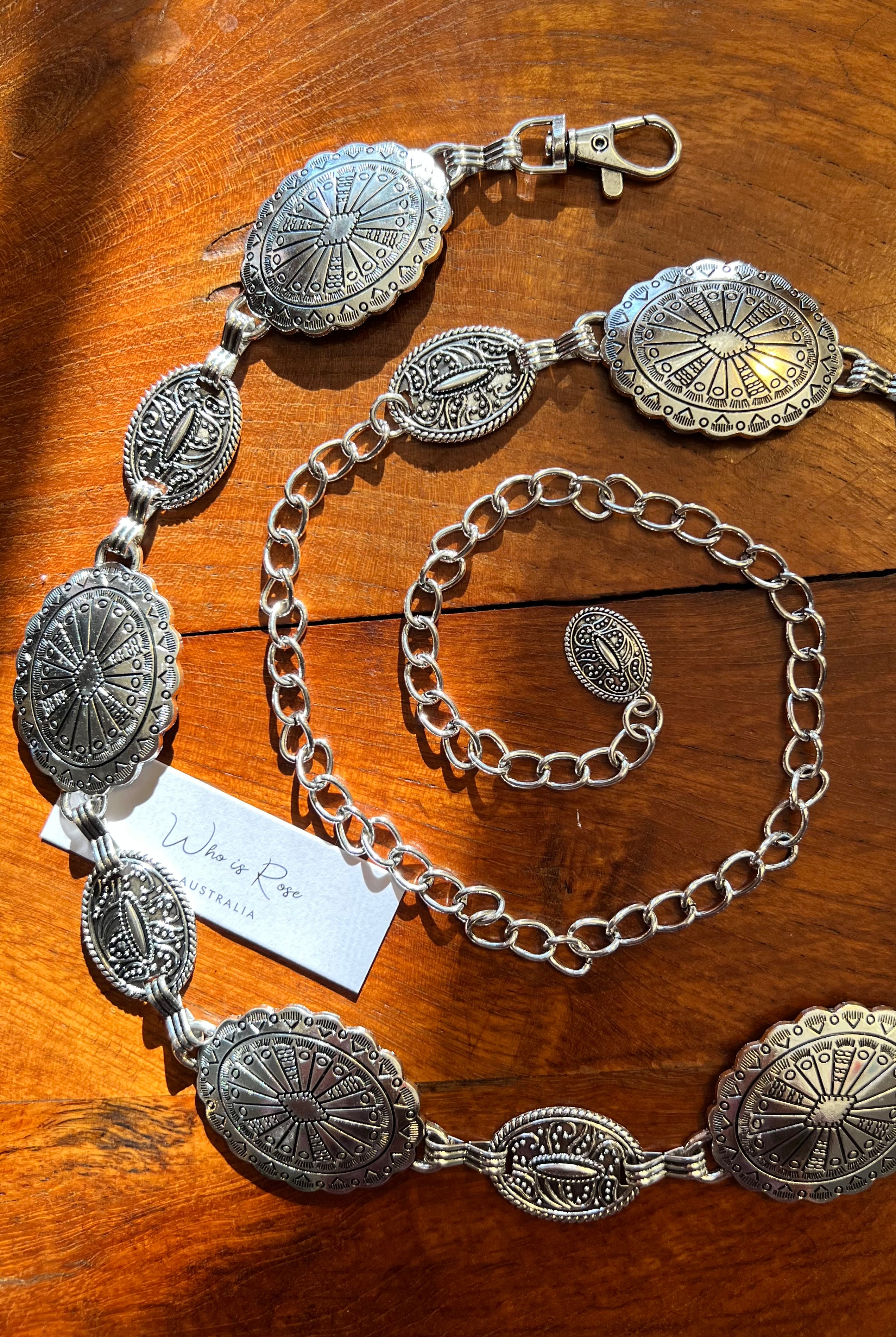 Silver finish concho chain belt with engraved oval medallion and extender - boho festival waist belt Australia.