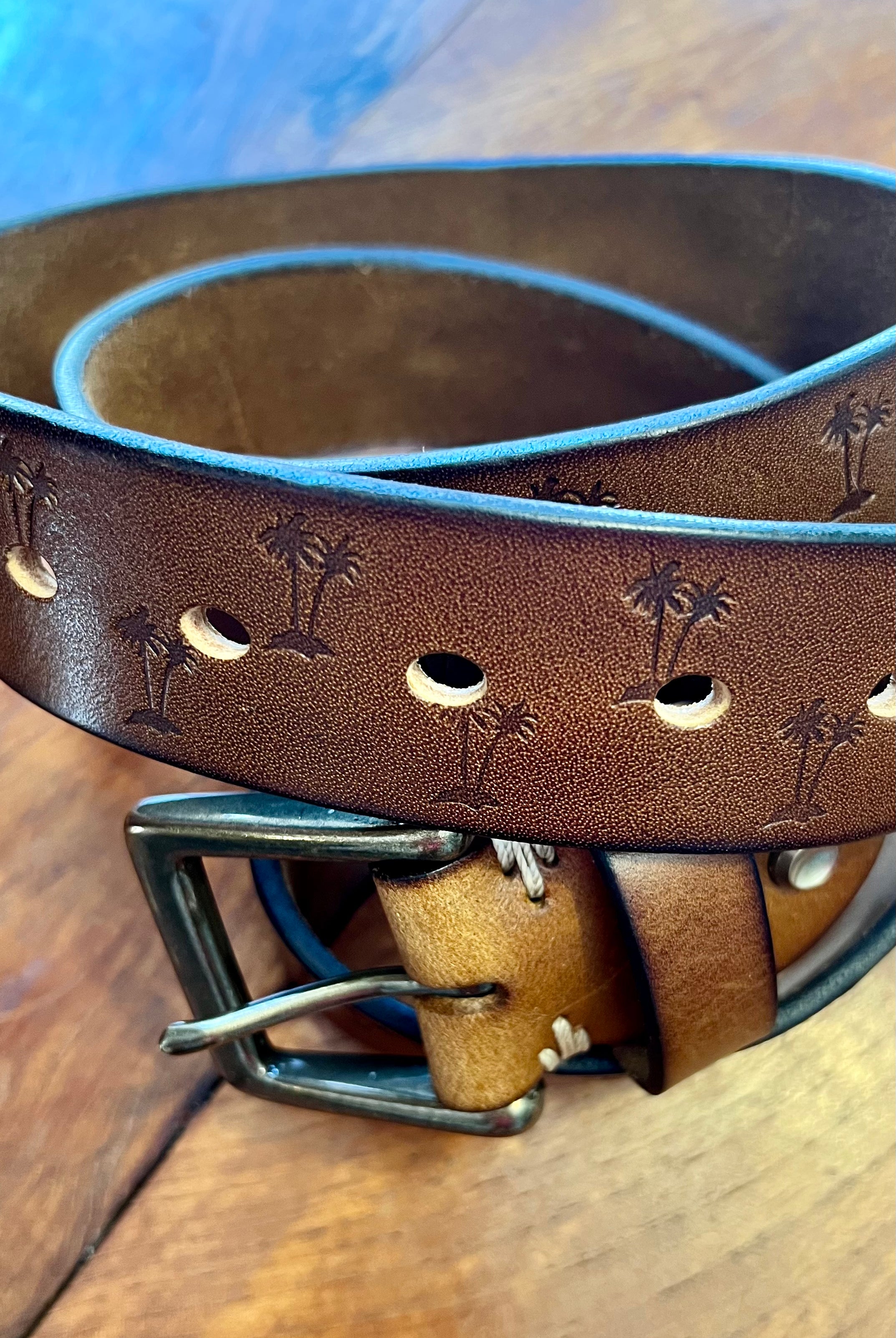 Tan leather belt 120cm with embossed palm tree design and copper buckle - Havana Belt - Bohemian Love Runway