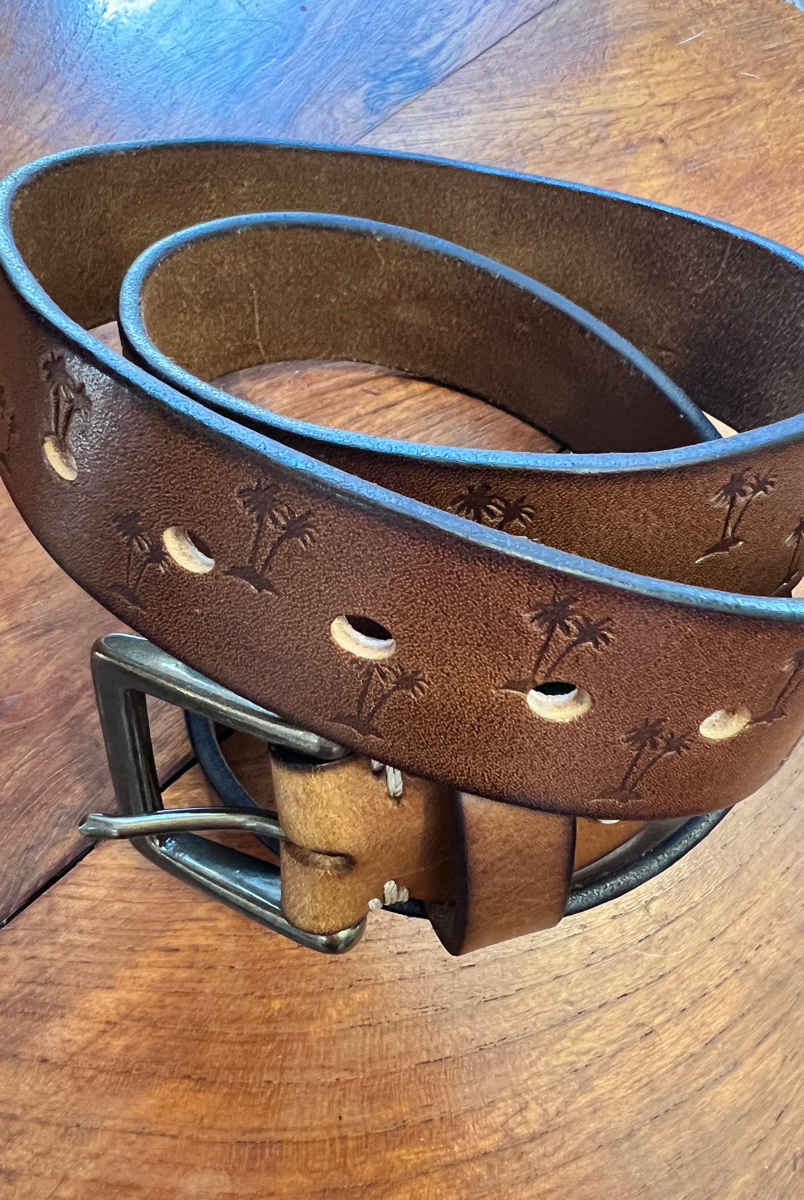 Tan leather belt 120cm with embossed palm tree design and copper buckle - Havana Belt - Bohemian Love Runway