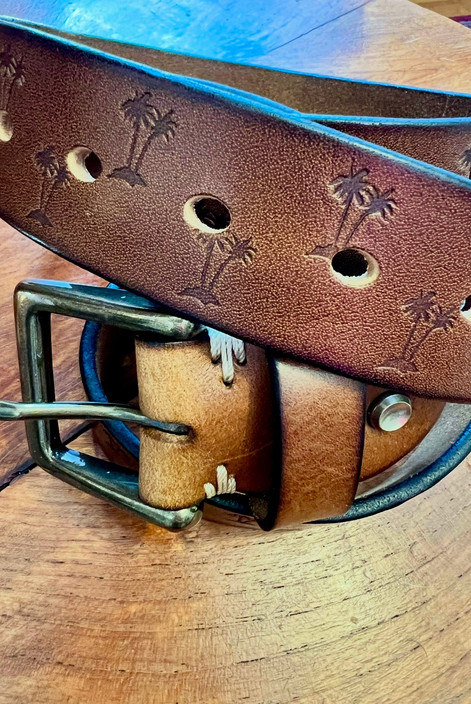 Tan leather belt 120cm with embossed palm tree design and copper buckle - Havana Belt - Bohemian Love Runway
