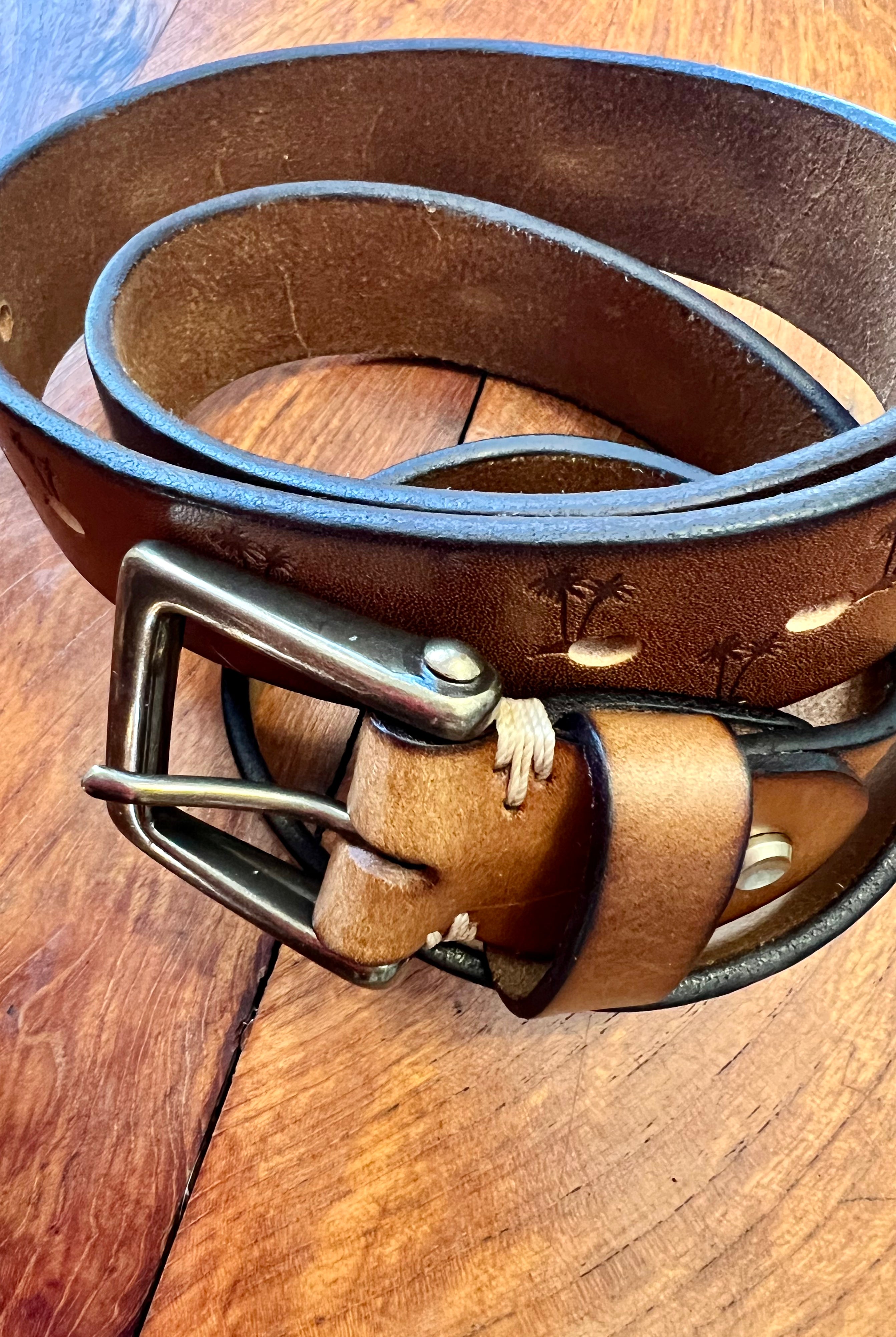 Tan leather belt 120cm with embossed palm tree design and copper buckle - Havana Belt - Bohemian Love Runway