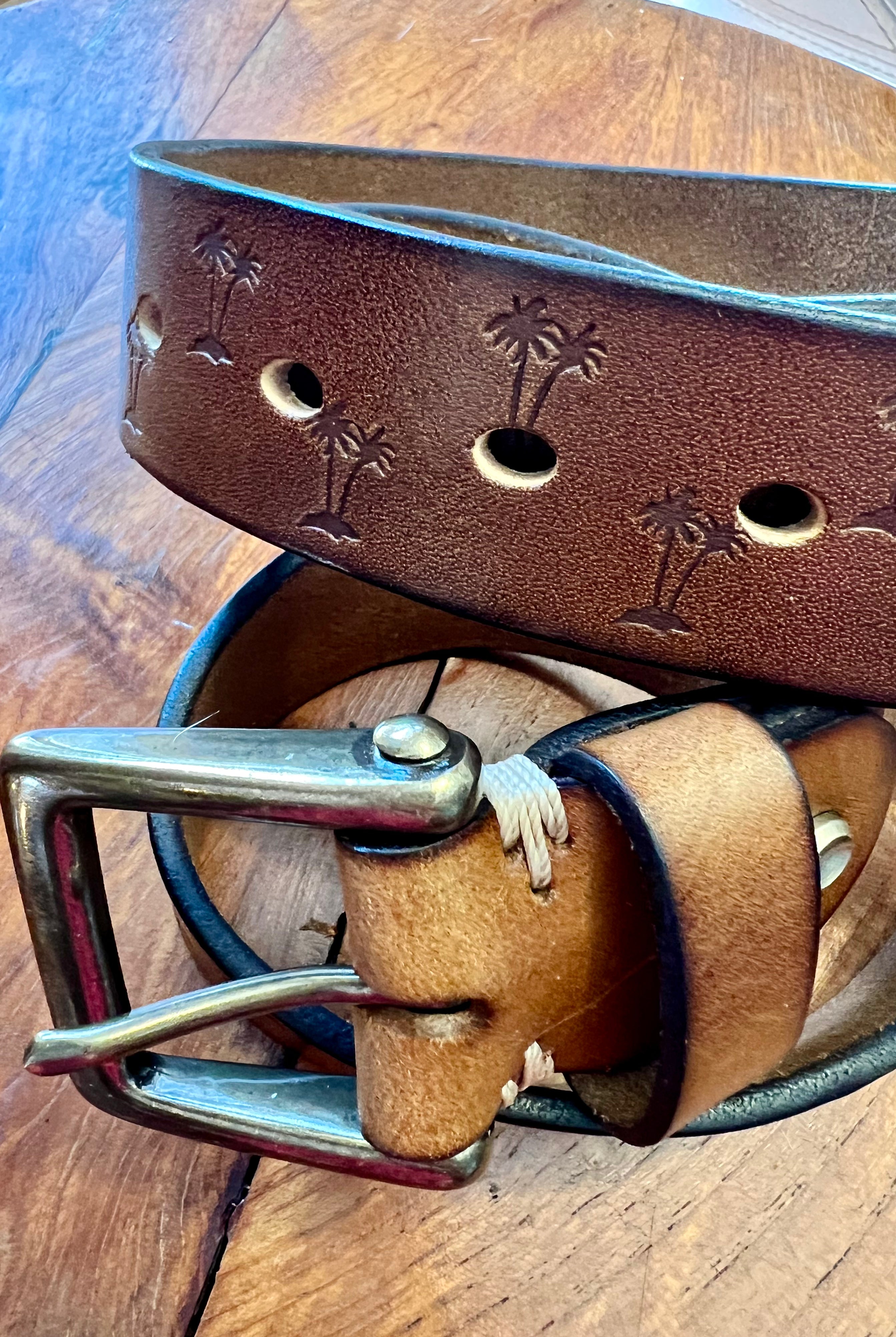 Tan leather belt 120cm with embossed palm tree design and copper buckle - Havana Belt - Bohemian Love Runway