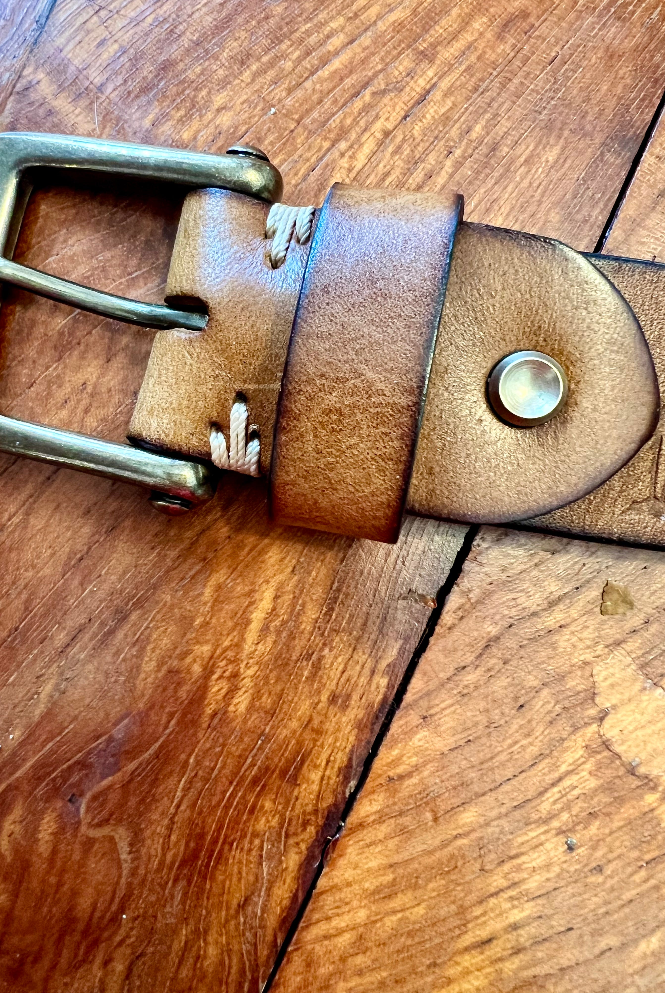 Tan leather belt 120cm with embossed palm tree design and copper buckle - Havana Belt - Bohemian Love Runway