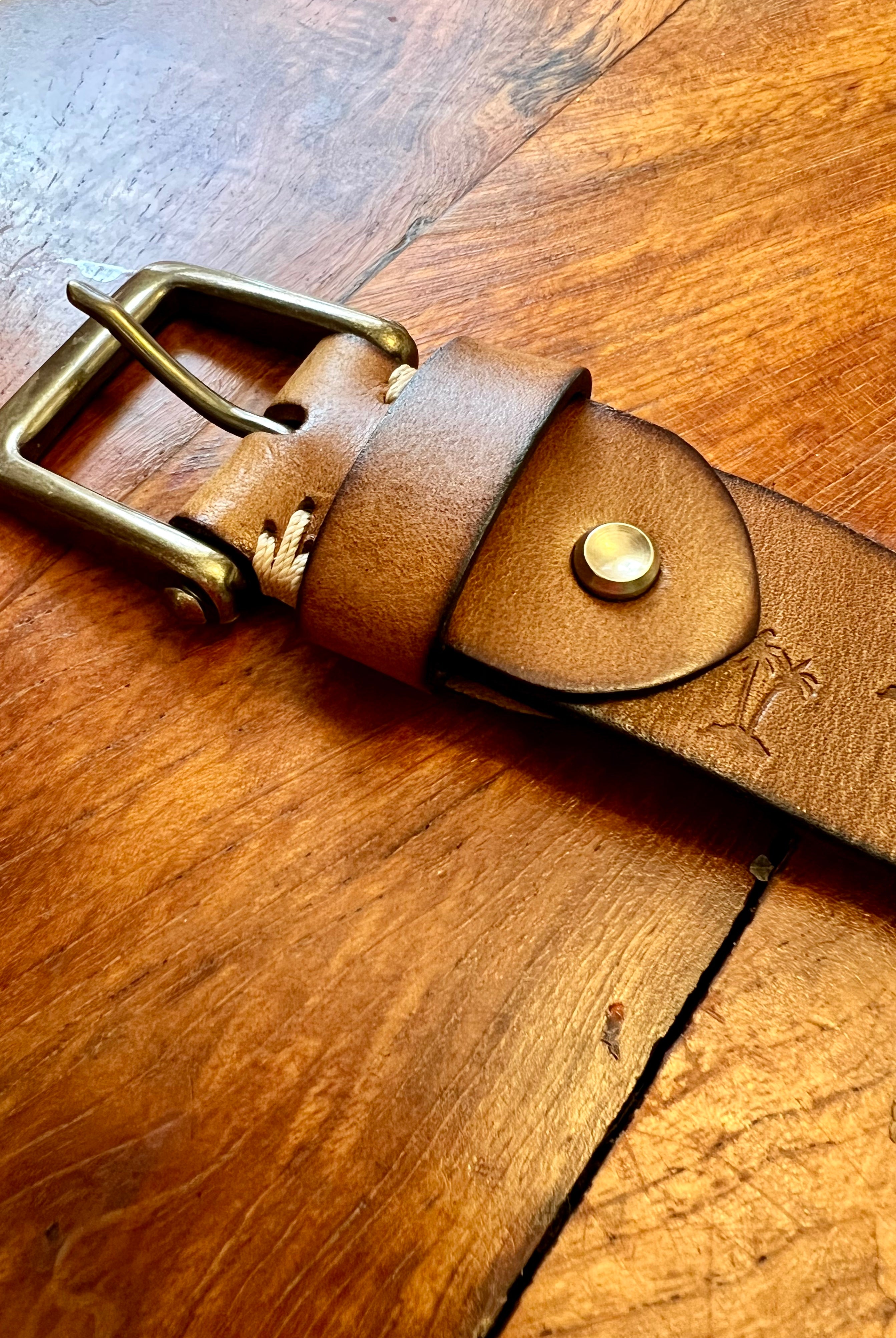 Tan leather belt 120cm with embossed palm tree design and copper buckle - Havana Belt - Bohemian Love Runway