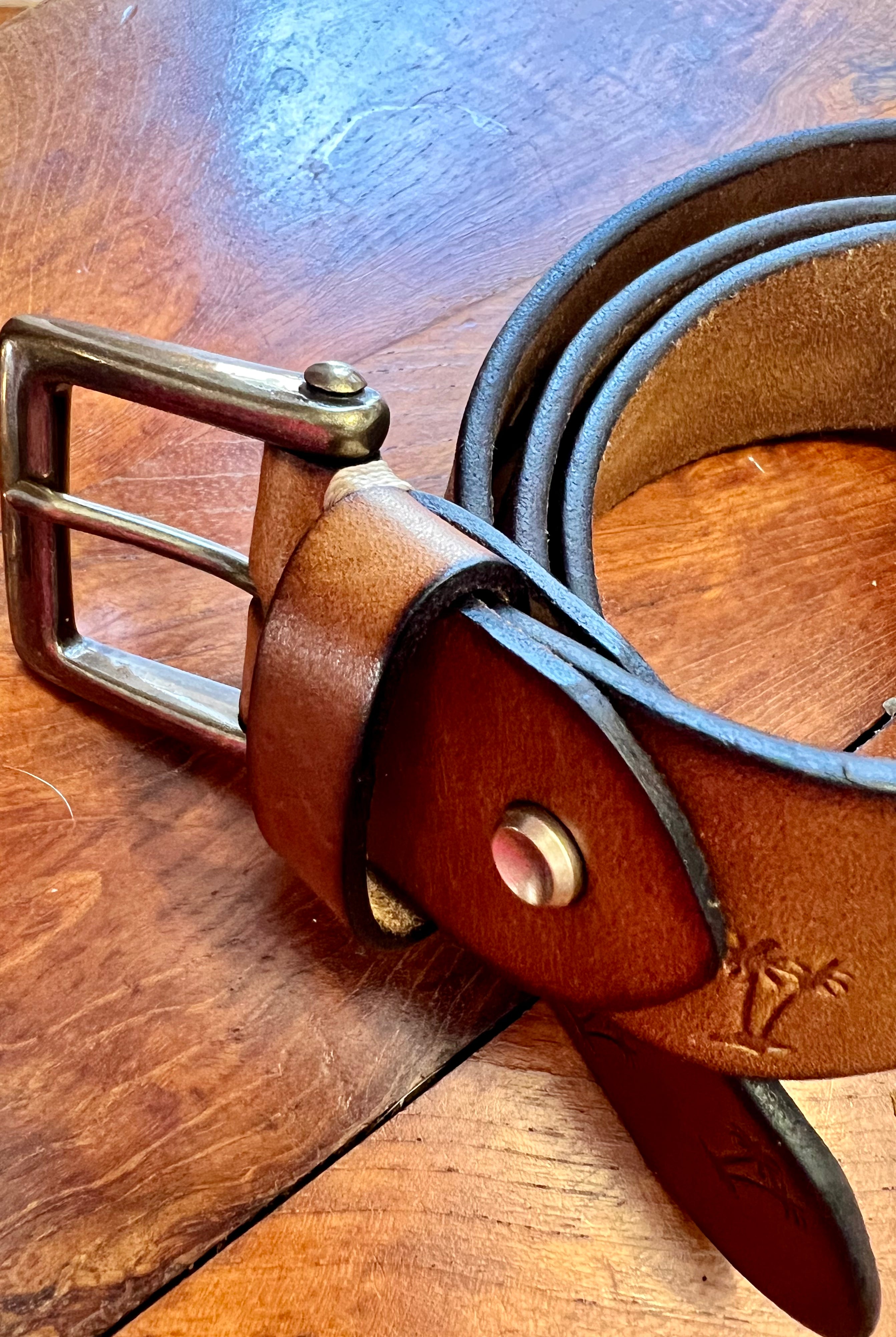 Tan leather belt 120cm with embossed palm tree design and copper buckle - Havana Belt - Bohemian Love Runway