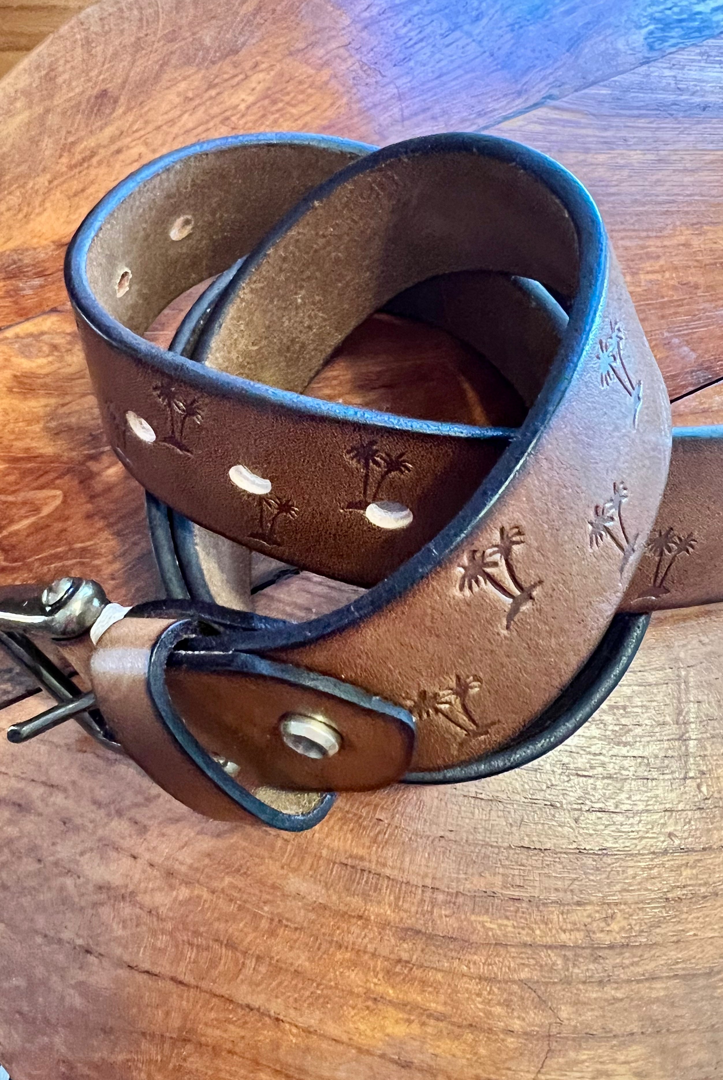 Tan leather belt 120cm with embossed palm tree design and copper buckle - Havana Belt - Bohemian Love Runway