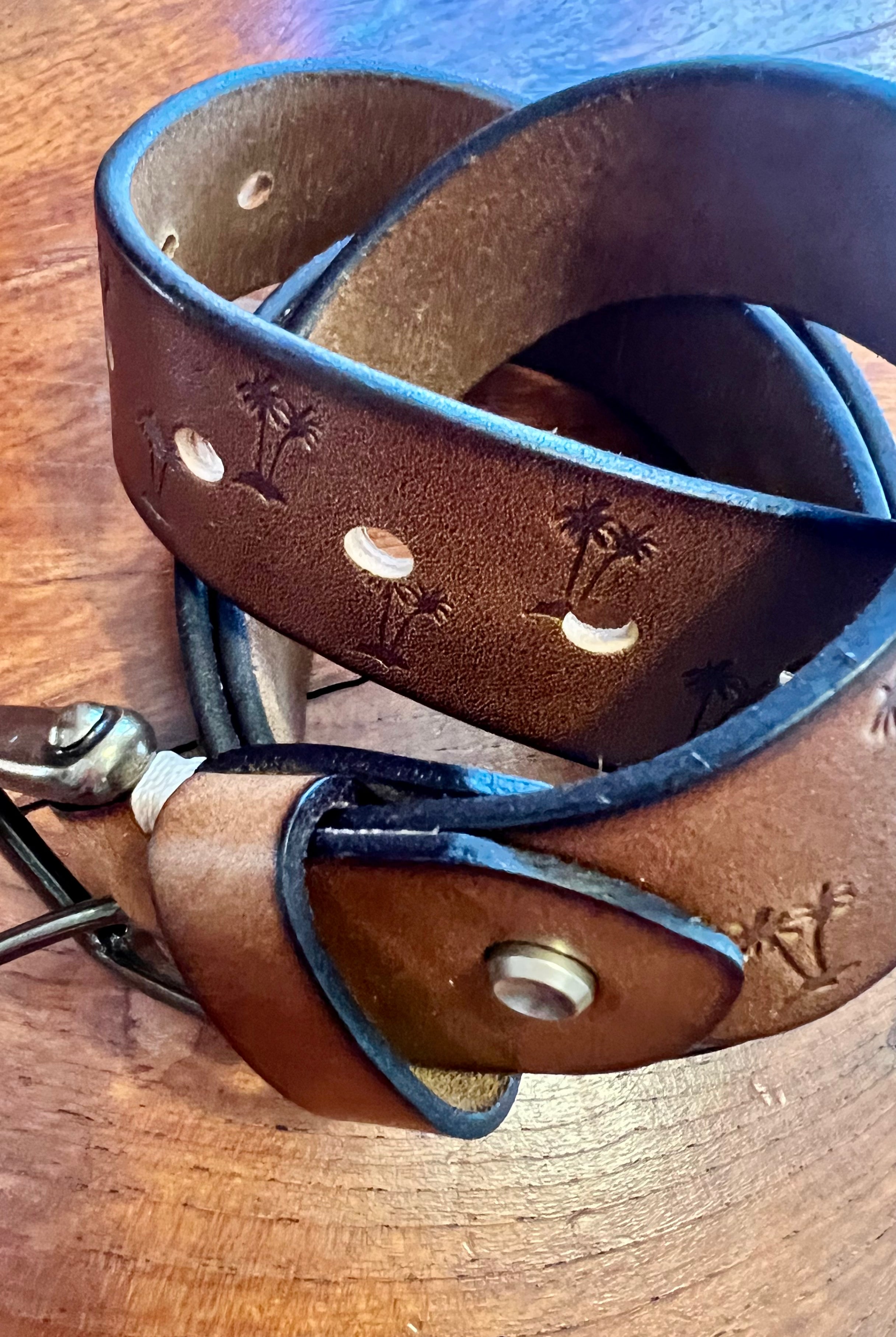 Tan leather belt 120cm with embossed palm tree design and copper buckle - Havana Belt - Bohemian Love Runway