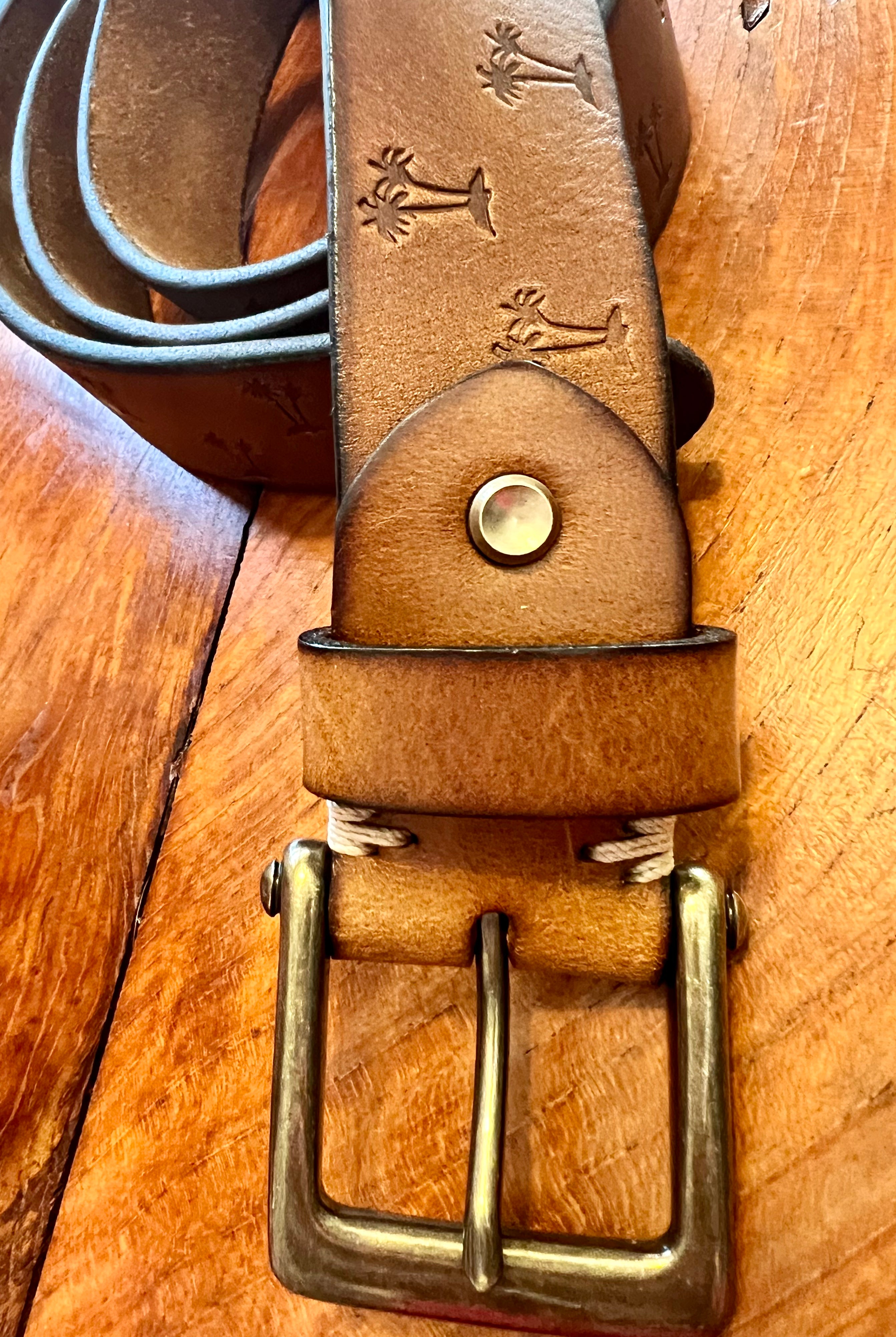 Tan leather belt 120cm with embossed palm tree design and copper buckle - Havana Belt - Bohemian Love Runway