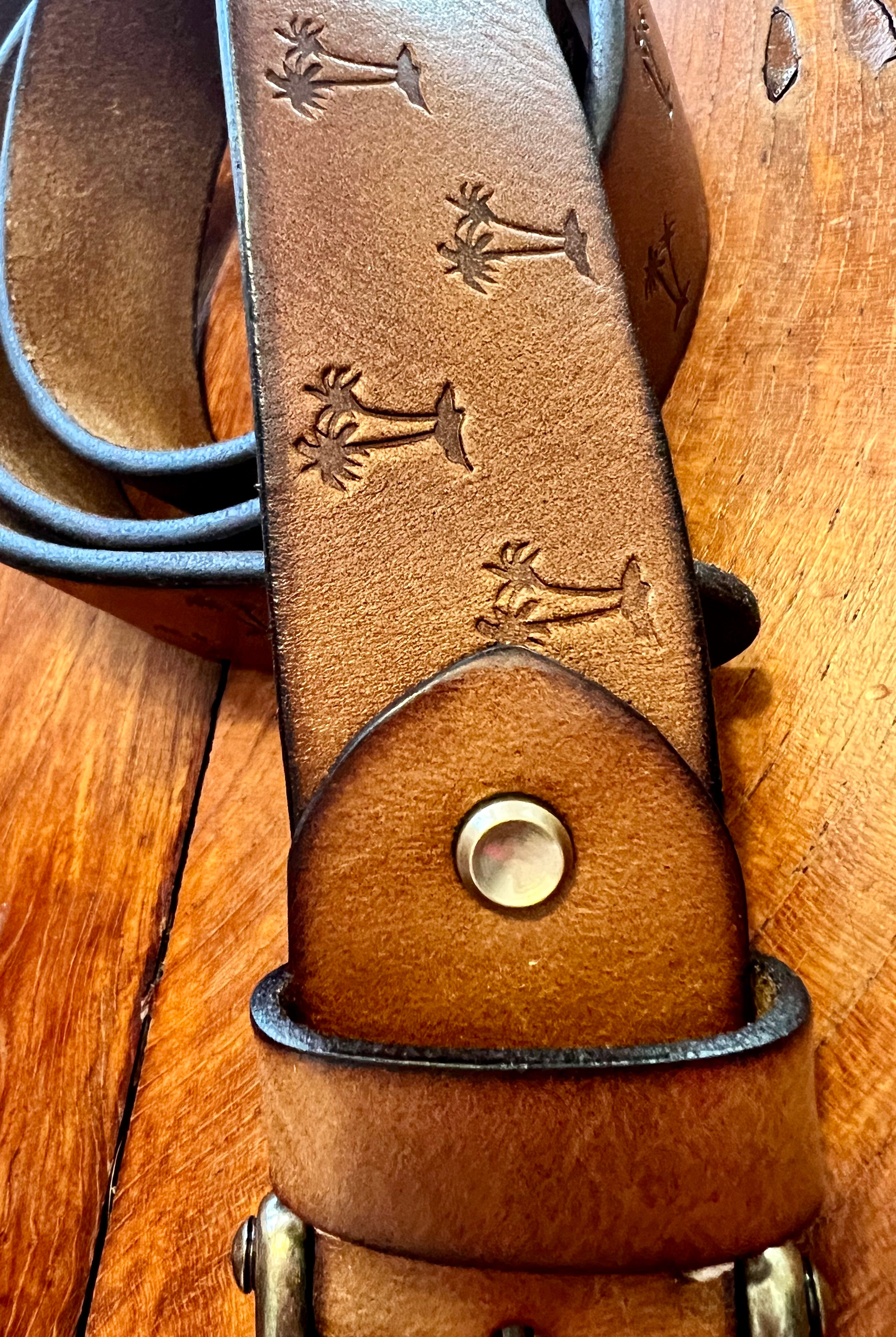Tan leather belt 120cm with embossed palm tree design and copper buckle - Havana Belt - Bohemian Love Runway