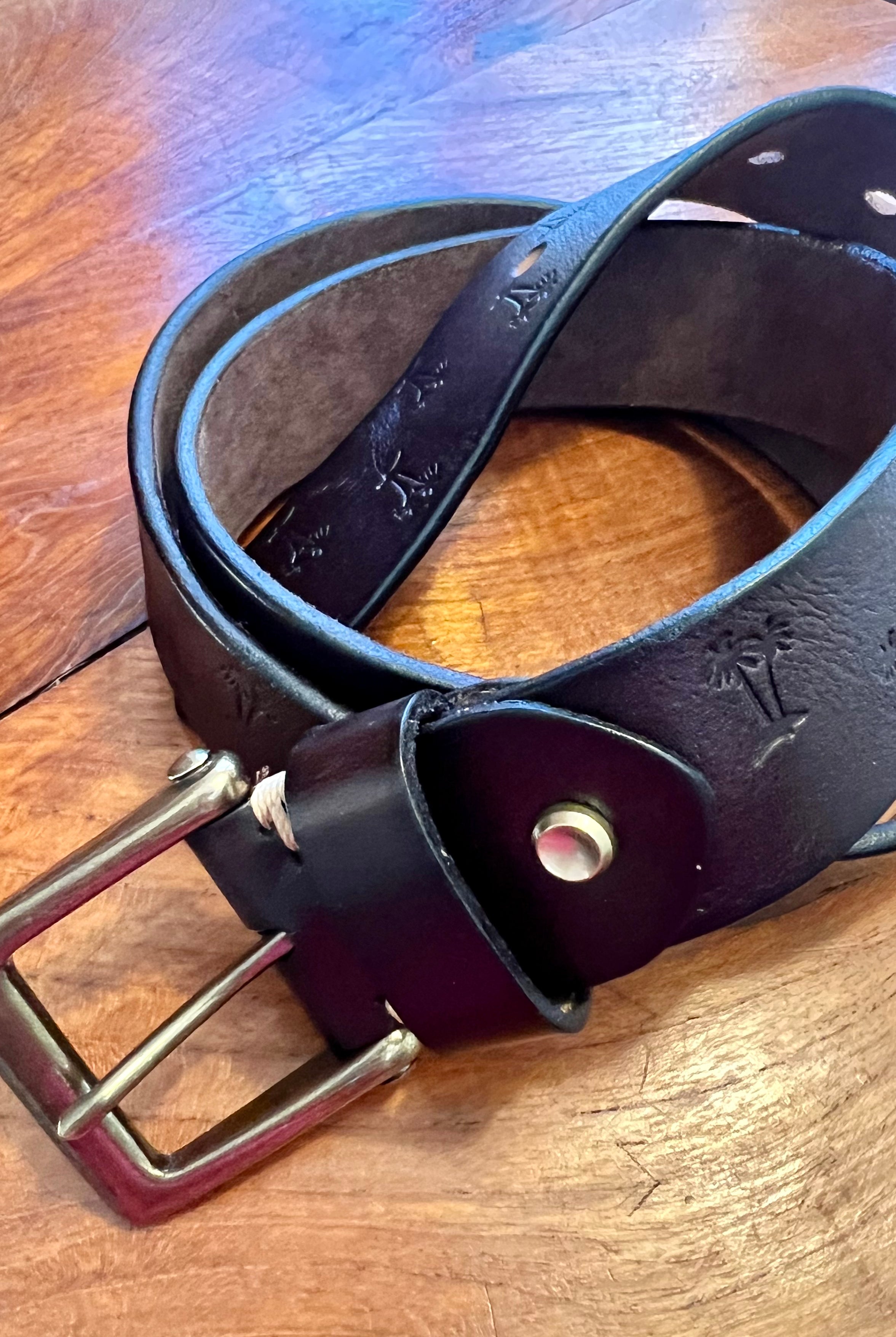 Vintage brown leather belt 120cm with embossed palm tree design and copper buckle - Havana Belt - Bohemian Love Runway