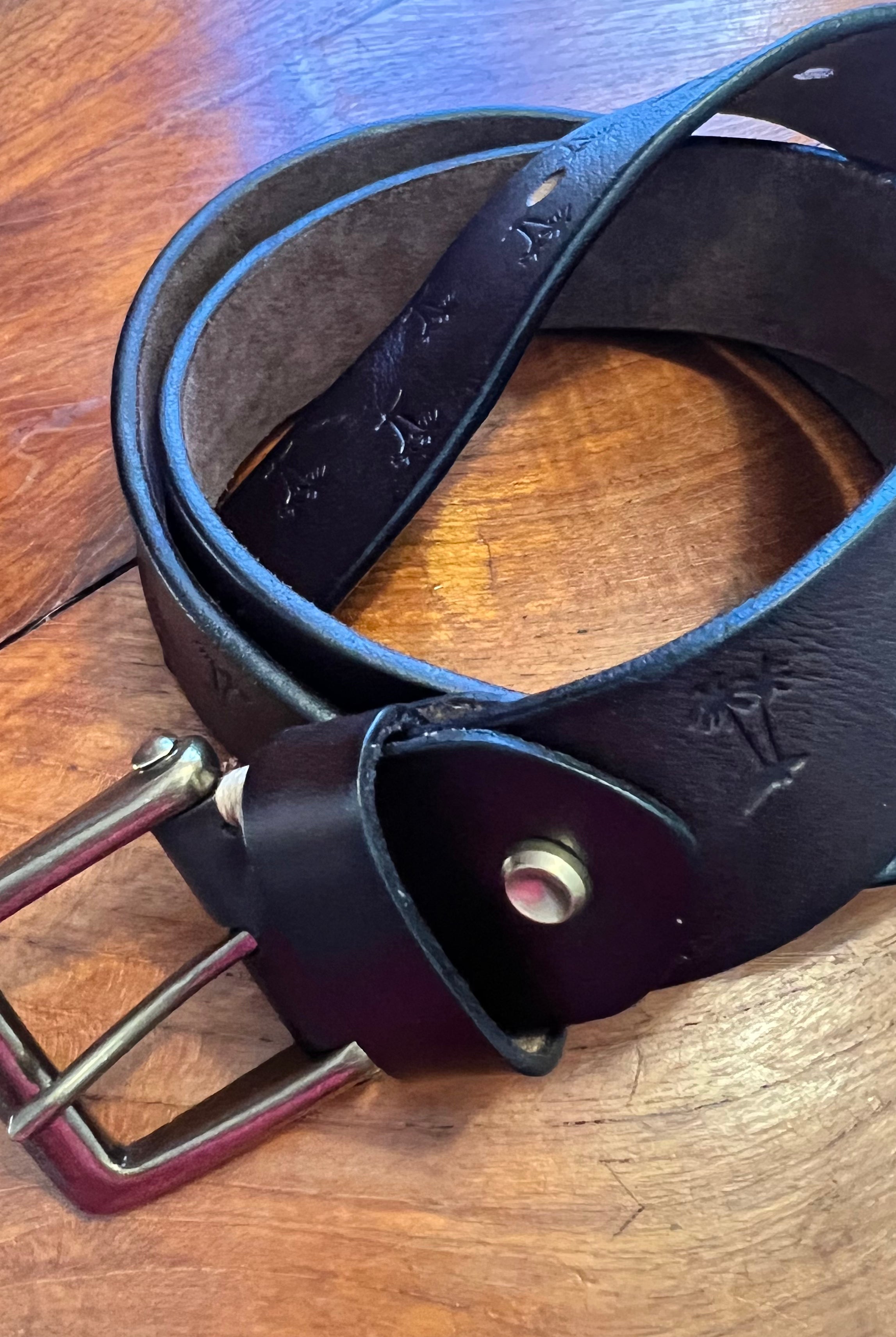 Vintage brown leather belt 120cm with embossed palm tree design and copper buckle - Havana Belt - Bohemian Love Runway