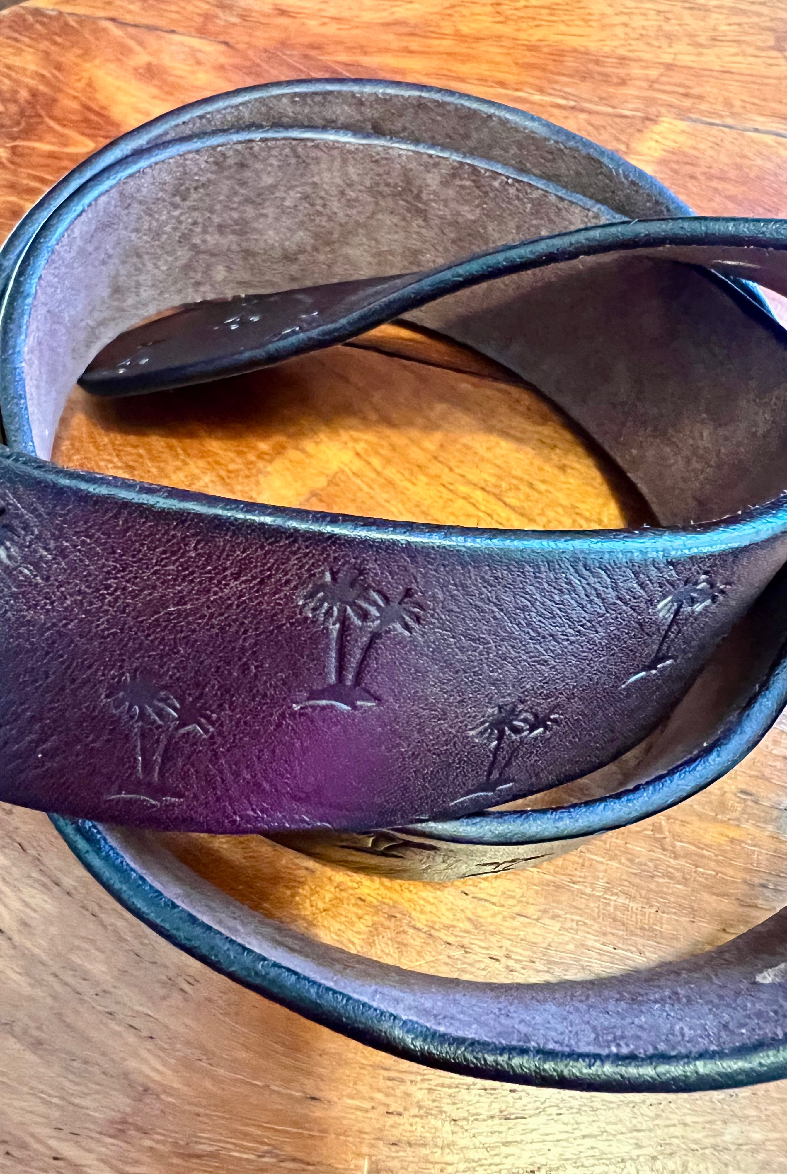 Vintage brown leather belt 120cm with embossed palm tree design and copper buckle - Havana Belt - Bohemian Love Runway