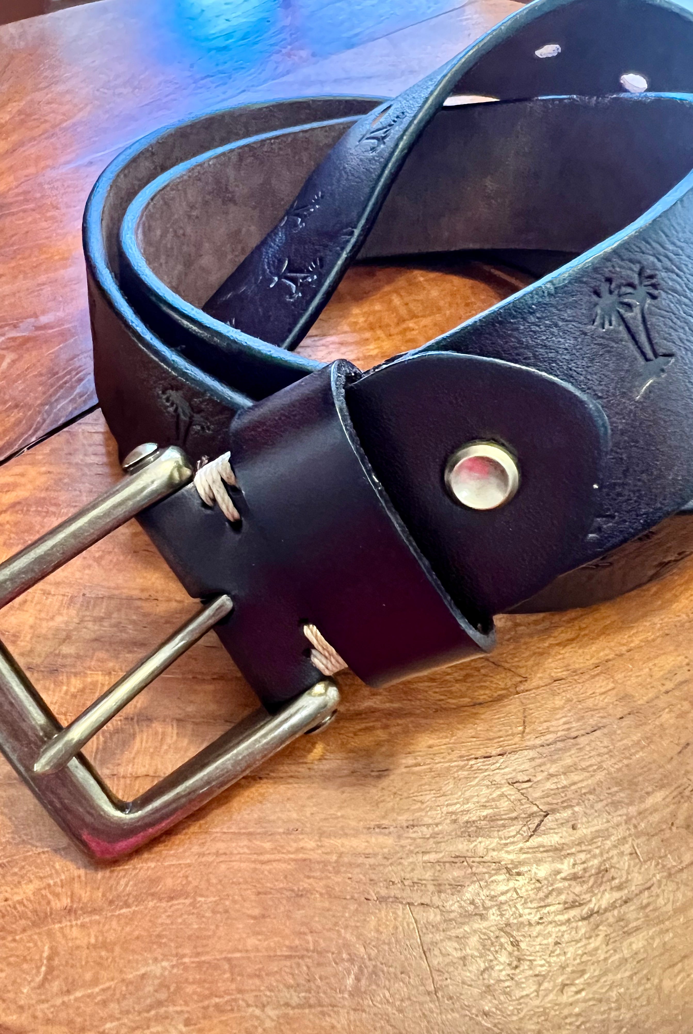 Vintage brown leather belt 120cm with embossed palm tree design and copper buckle - Havana Belt - Bohemian Love Runway