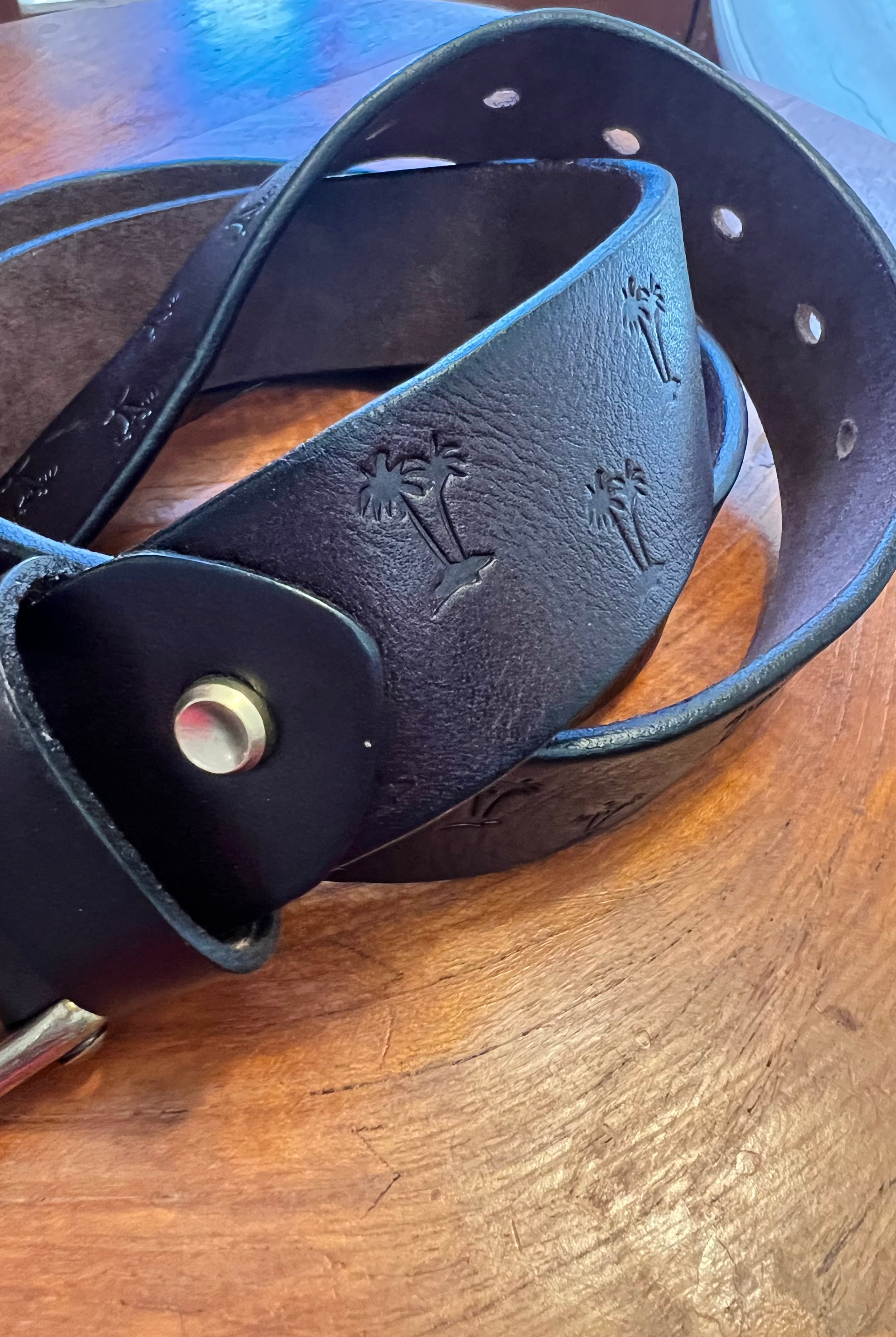 Vintage brown leather belt 120cm with embossed palm tree design and copper buckle - Havana Belt - Bohemian Love Runway