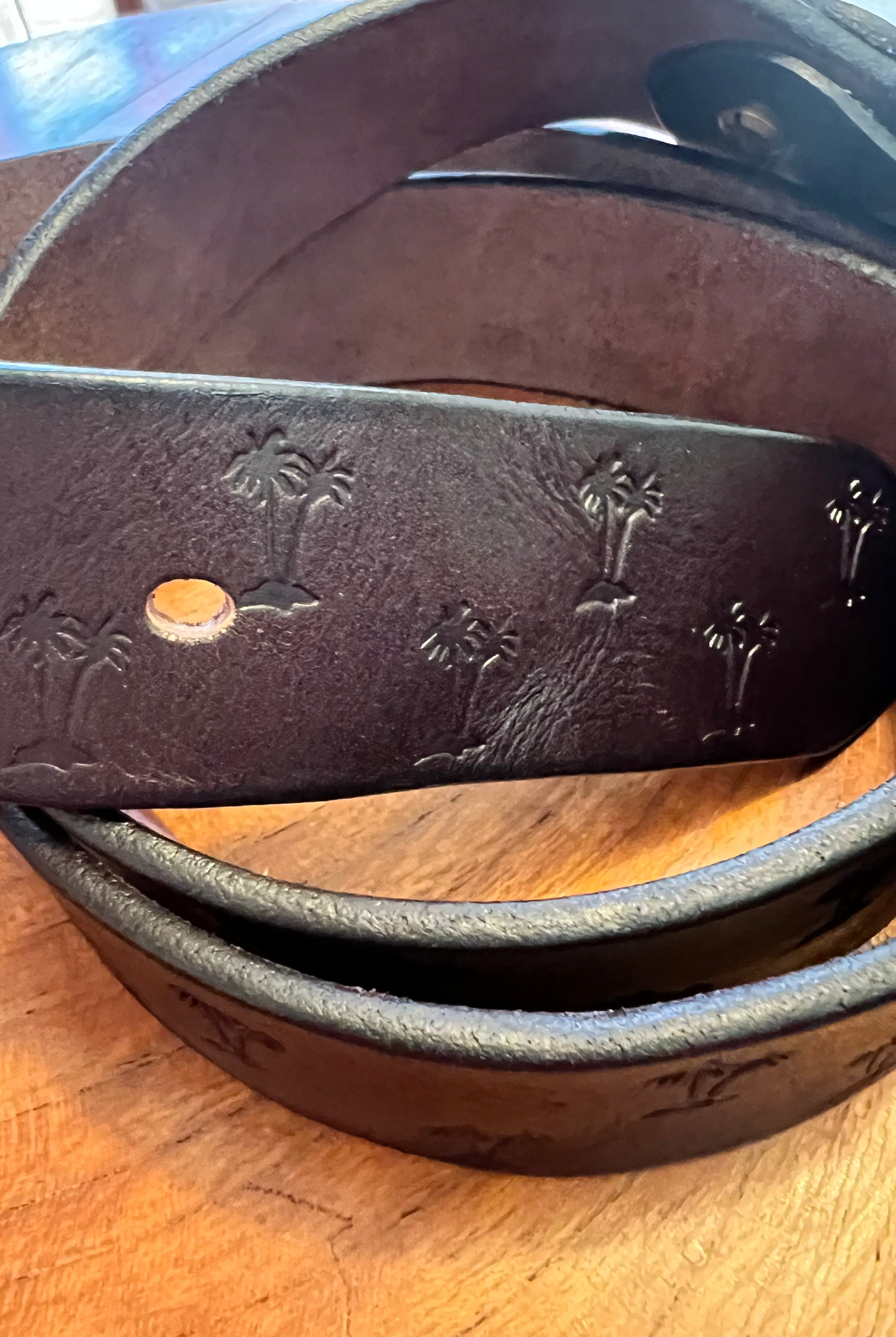 Vintage brown leather belt 120cm with embossed palm tree design and copper buckle - Havana Belt - Bohemian Love Runway