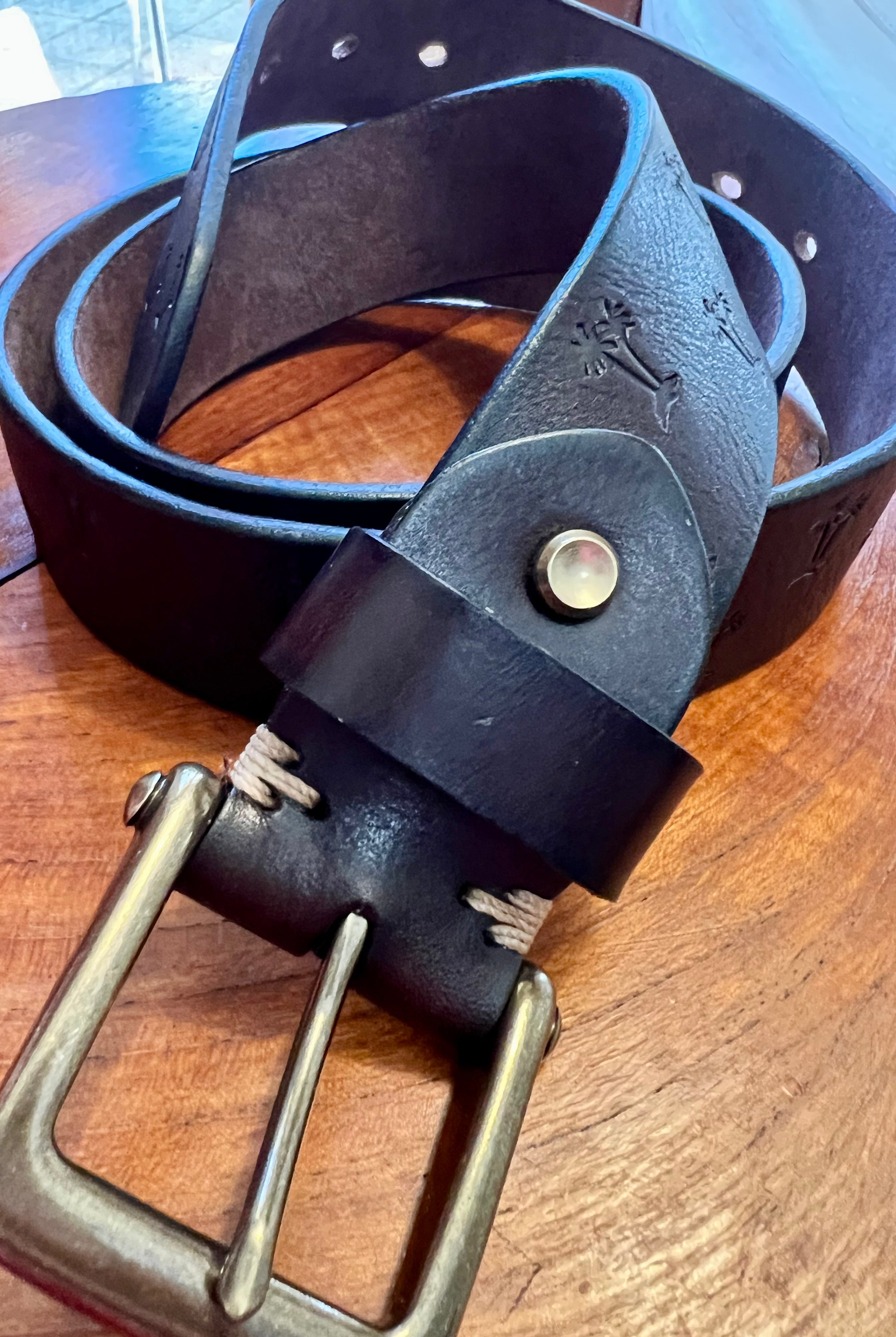 Vintage brown leather belt 120cm with embossed palm tree design and copper buckle - Havana Belt - Bohemian Love Runway