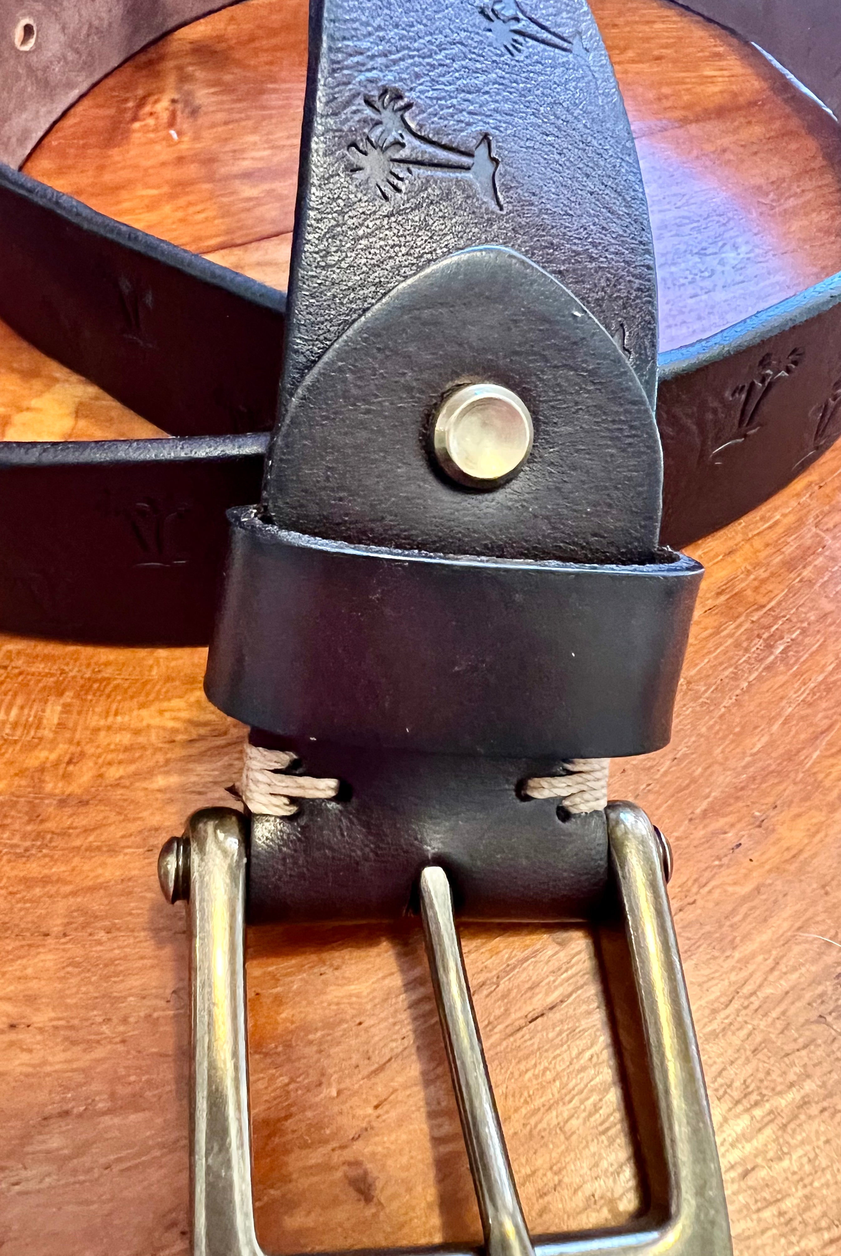 Vintage brown leather belt 120cm with embossed palm tree design and copper buckle - Havana Belt - Bohemian Love Runway