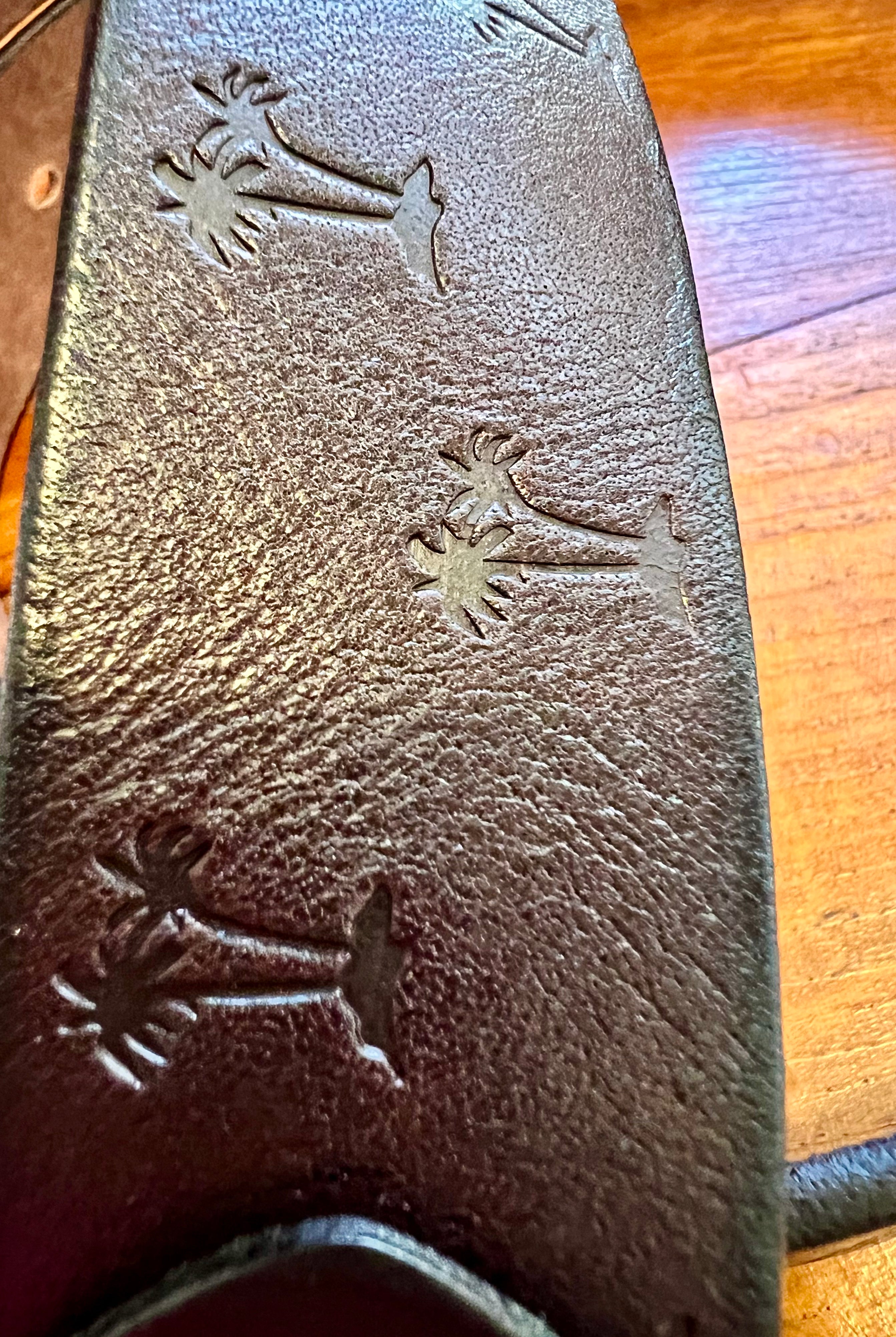 Vintage brown leather belt 120cm with embossed palm tree design and copper buckle - Havana Belt - Bohemian Love Runway