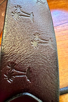 Vintage brown leather belt 120cm with embossed palm tree design and copper buckle - Havana Belt - Bohemian Love Runway