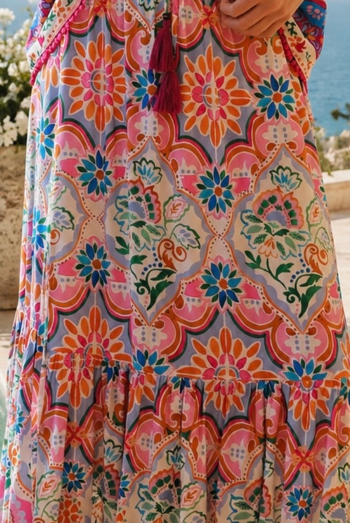 Dreamcatcher Aurora Pink Mosaic maxi skirt with elastic tie waist and oversized frill hemline