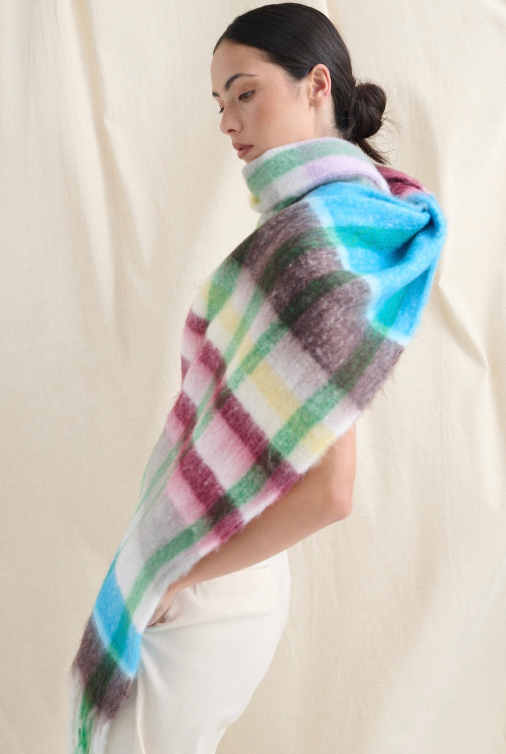 ANGELS WHISPER | DENISE MULTI PLAID FLUFFY SCARF | Bohemian Love Runway