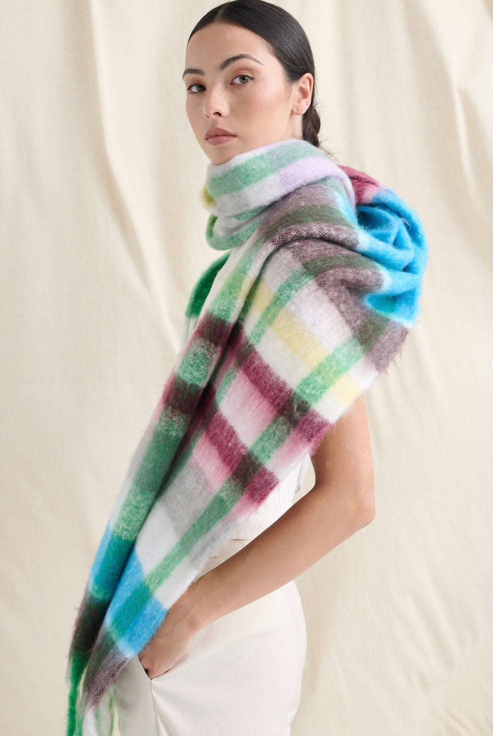 ANGELS WHISPER | DENISE MULTI PLAID FLUFFY SCARF | Bohemian Love Runway