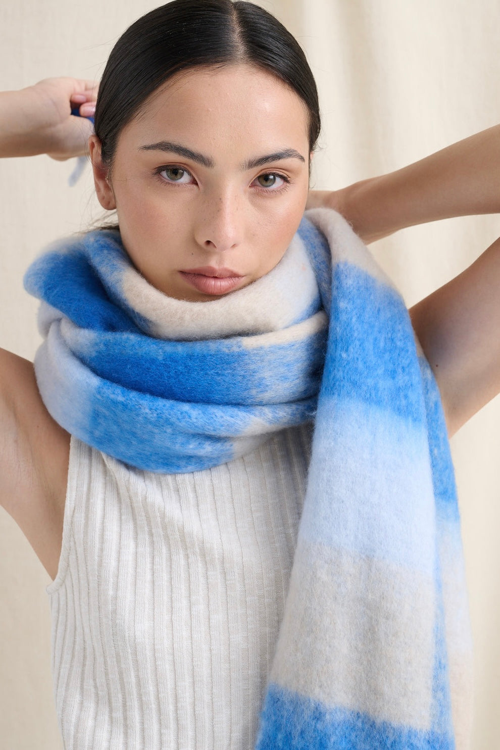 ANGELS WHISPER | BLUE + WHITE CHECK FLUFFY SCARF | Bohemian Love Runway