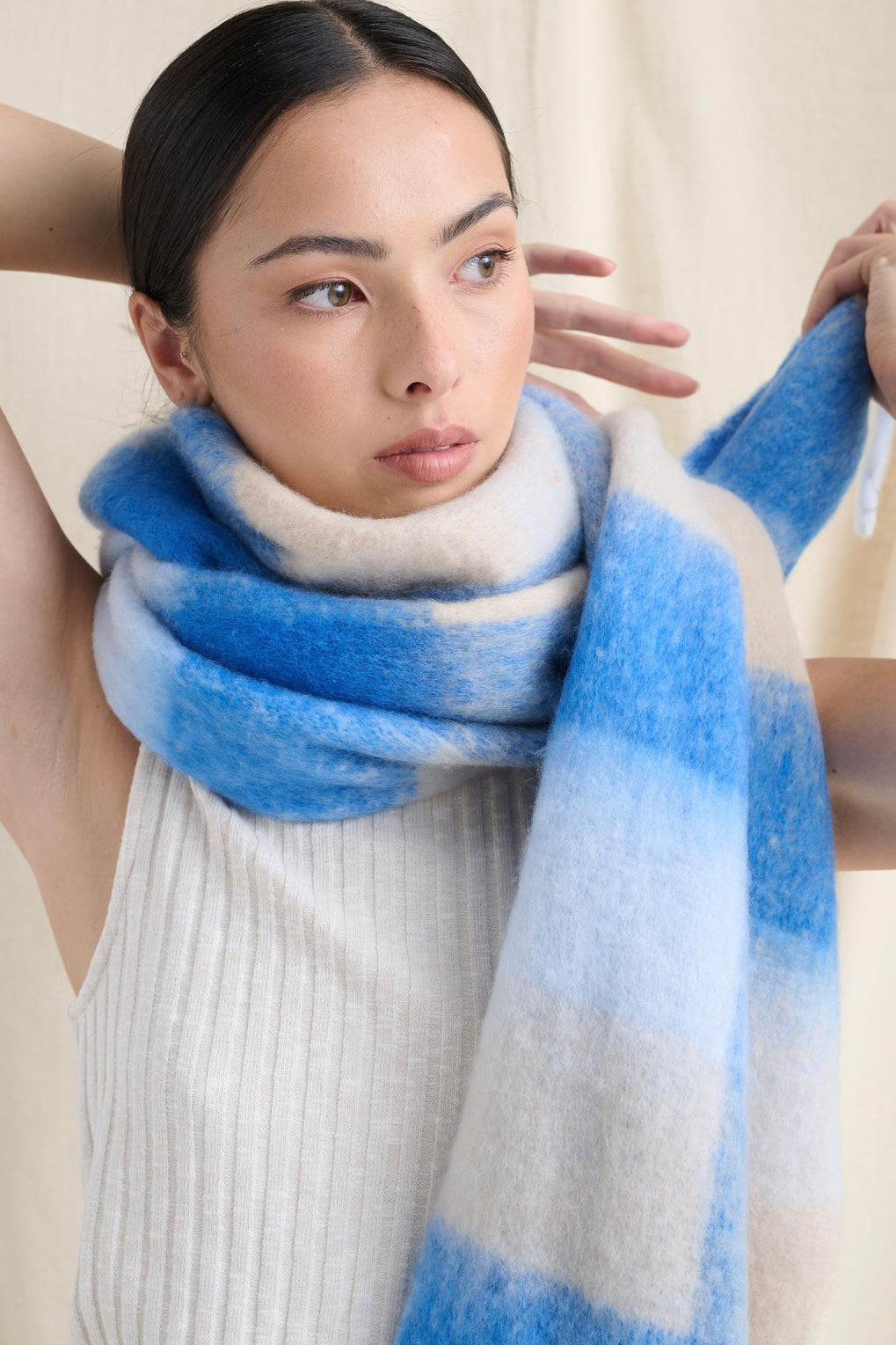 ANGELS WHISPER | BLUE + WHITE CHECK FLUFFY SCARF | Bohemian Love Runway