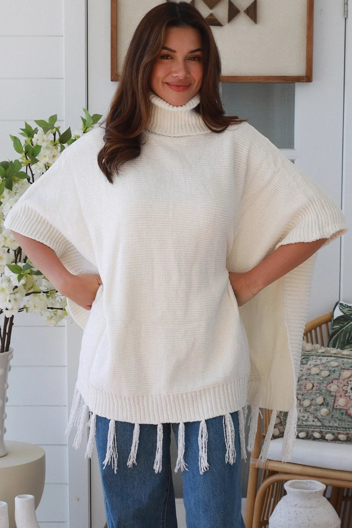 Sierra Cream Roll Neck Knit Poncho | Women's Boho Knitwear Australia