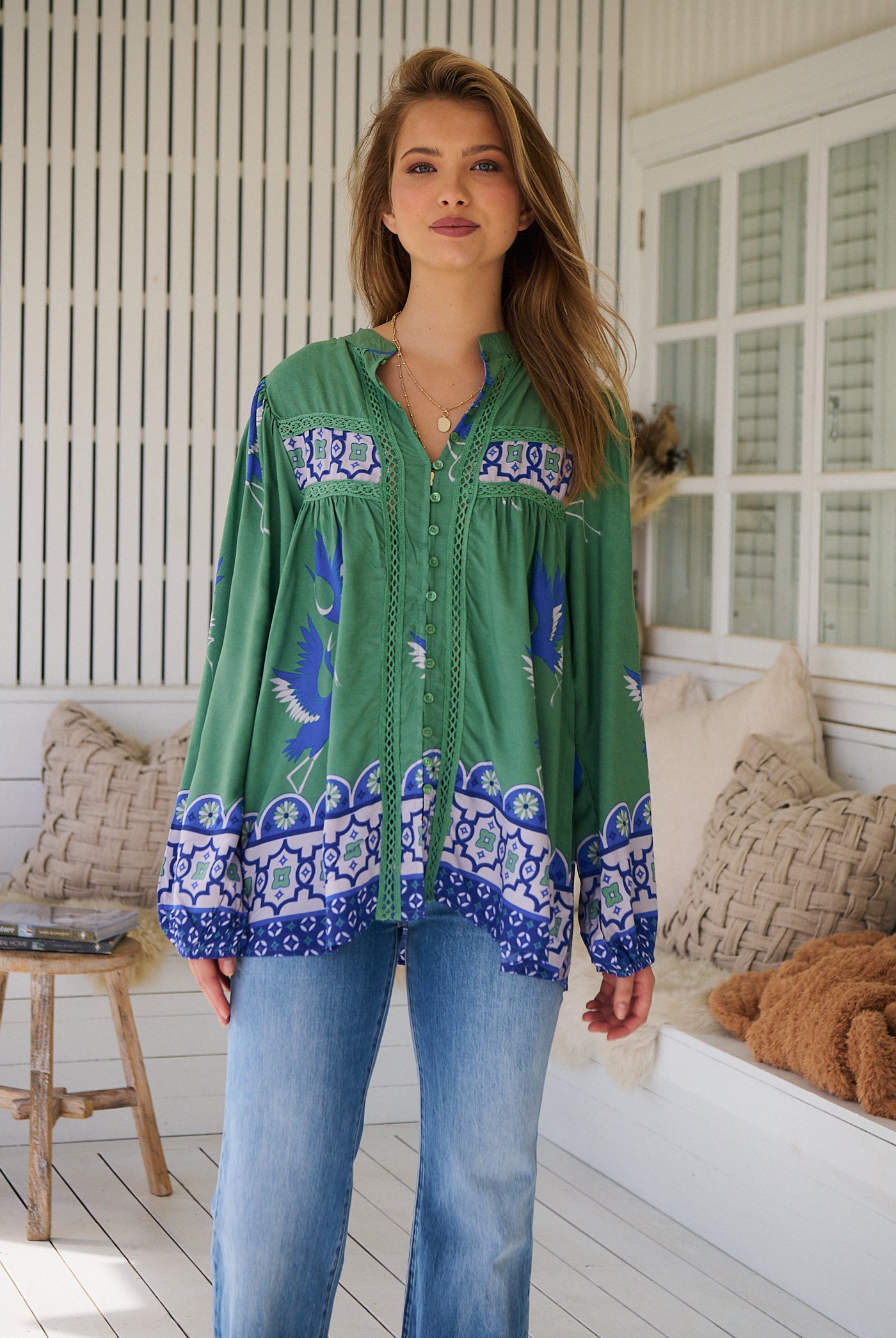 Model wears rayon Boho blouse with vintage print - feminine & effortless