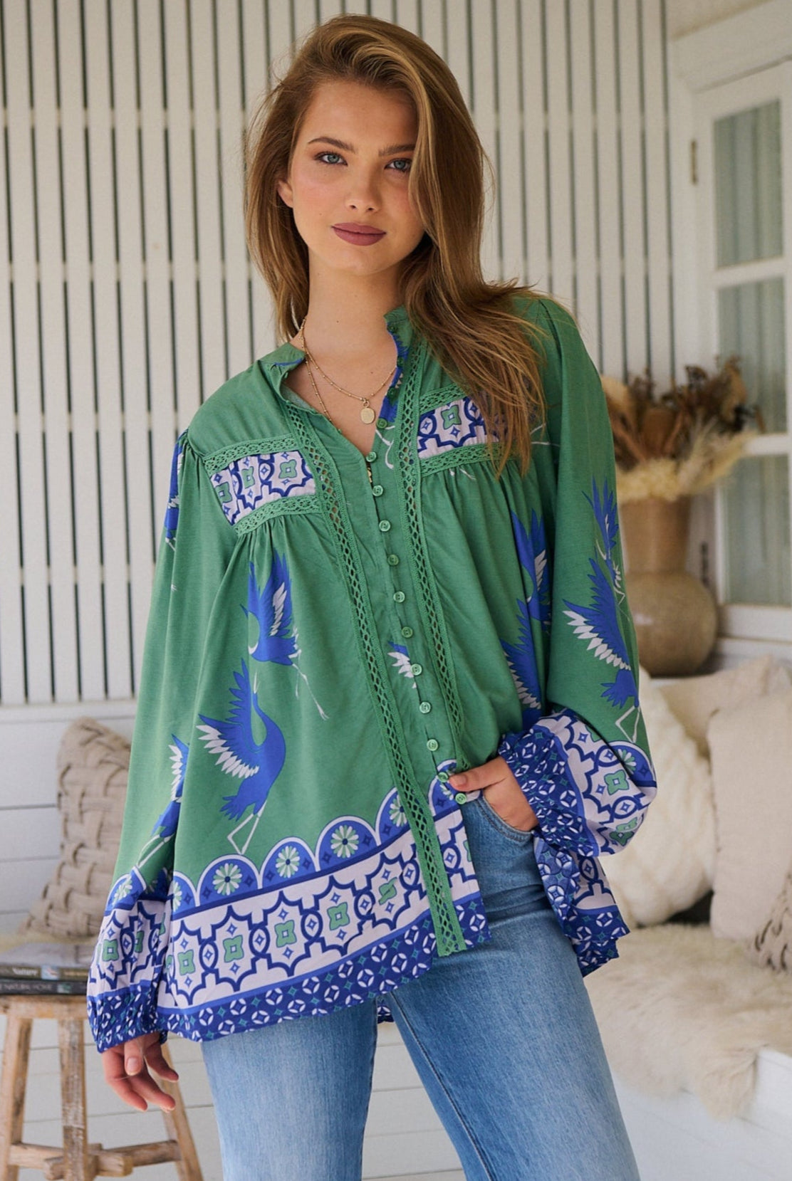Model wears rayon Boho blouse with vintage print - feminine & effortless