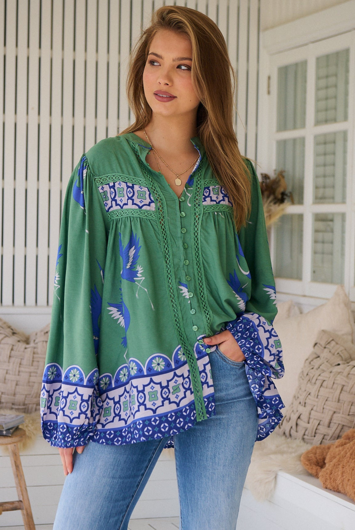 Model wears rayon Boho blouse with vintage print - feminine & effortless