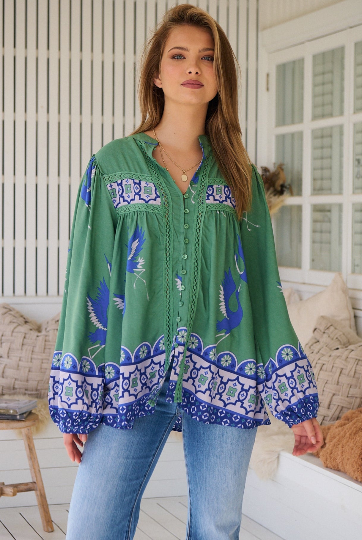 Model wears rayon Boho blouse with vintage print - feminine & effortless