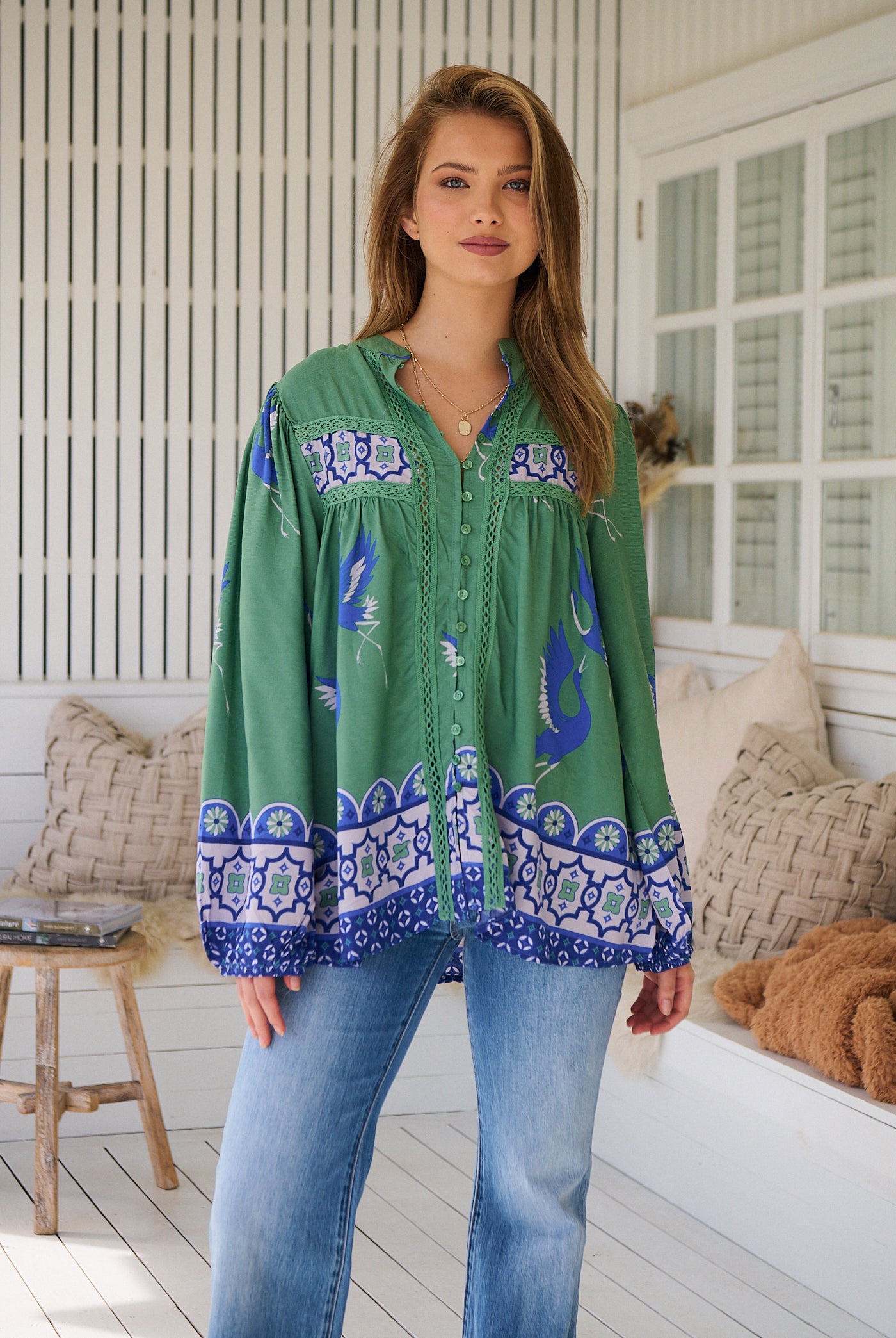 Model wears rayon Boho blouse with vintage print - feminine & effortless