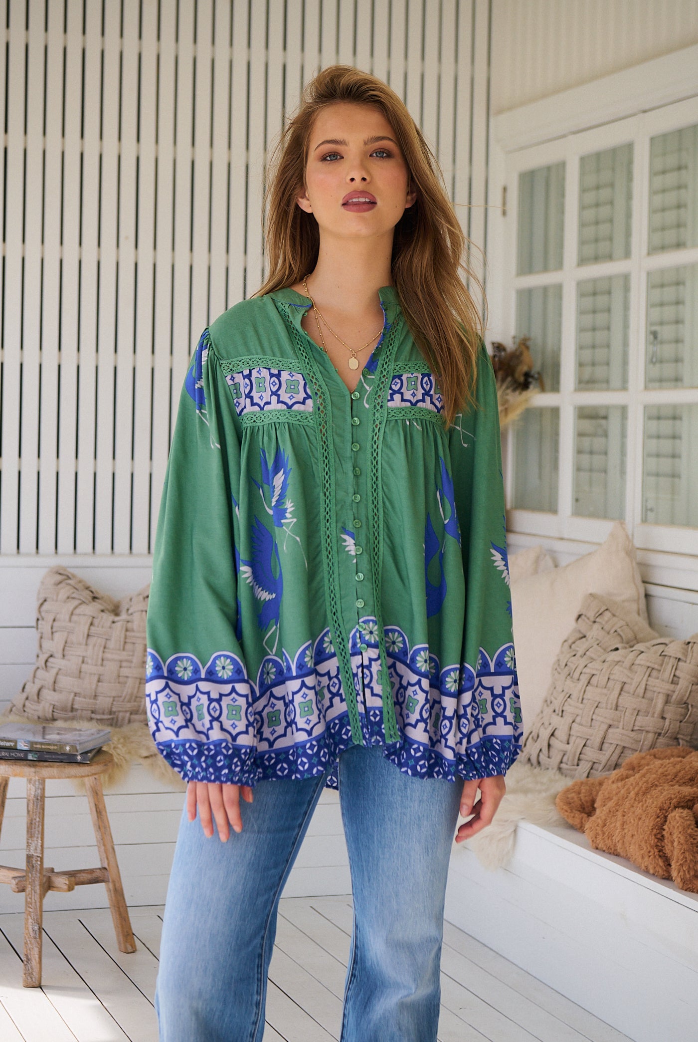 Model wears rayon Boho blouse with vintage print - feminine & effortless