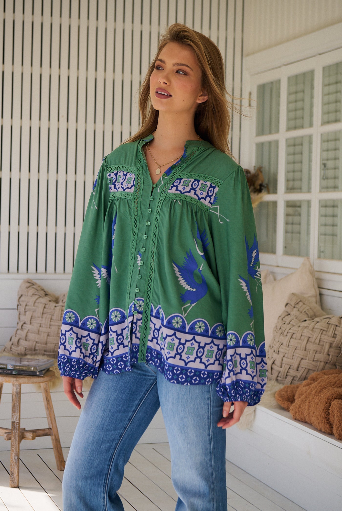 Model wears rayon Boho blouse with vintage print - feminine & effortless