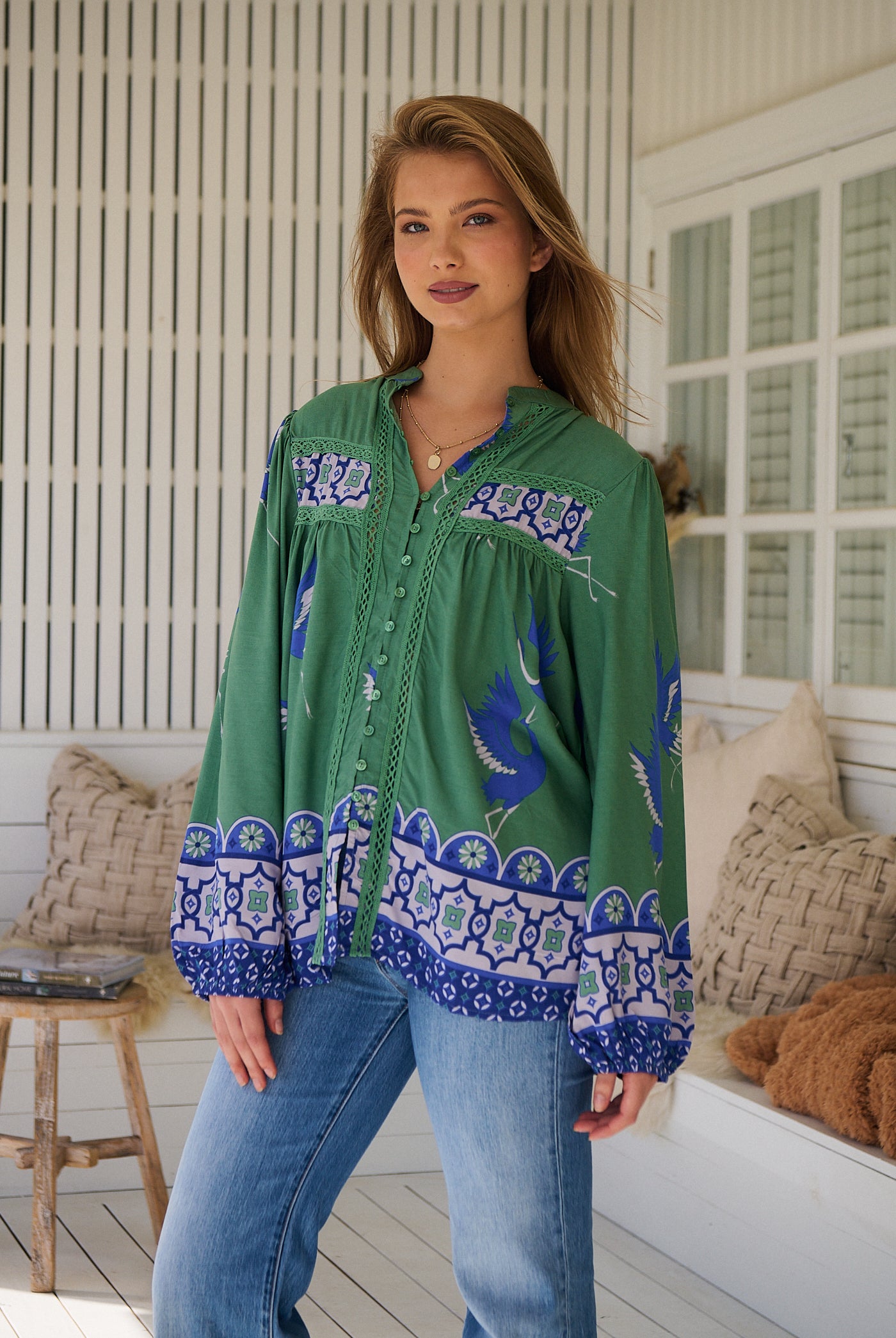 Model wears rayon Boho blouse with vintage print - feminine & effortless
