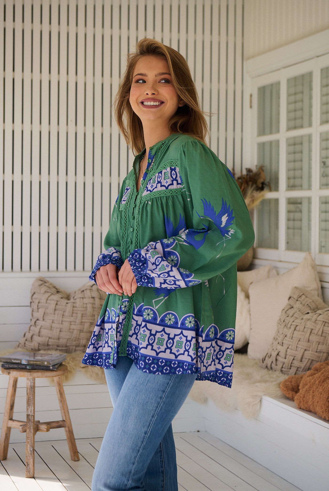 Model wears rayon Boho blouse with vintage print - feminine & effortless