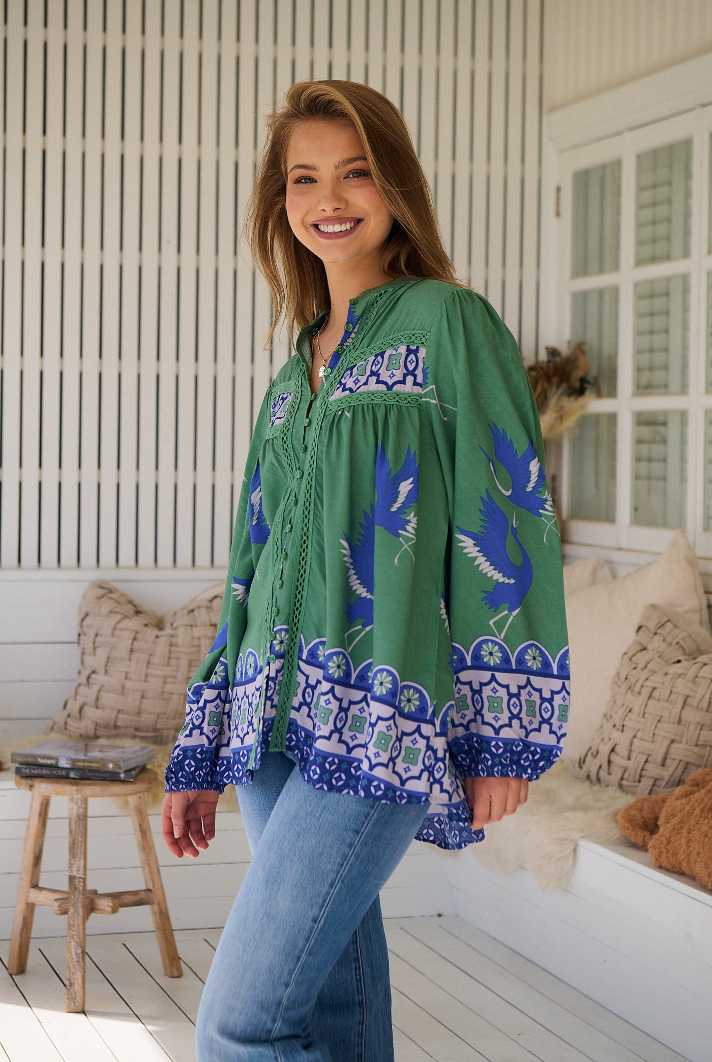 Model wears rayon Boho blouse with vintage print - feminine & effortless