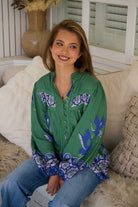 Model wears rayon Boho blouse with vintage print - feminine & effortless